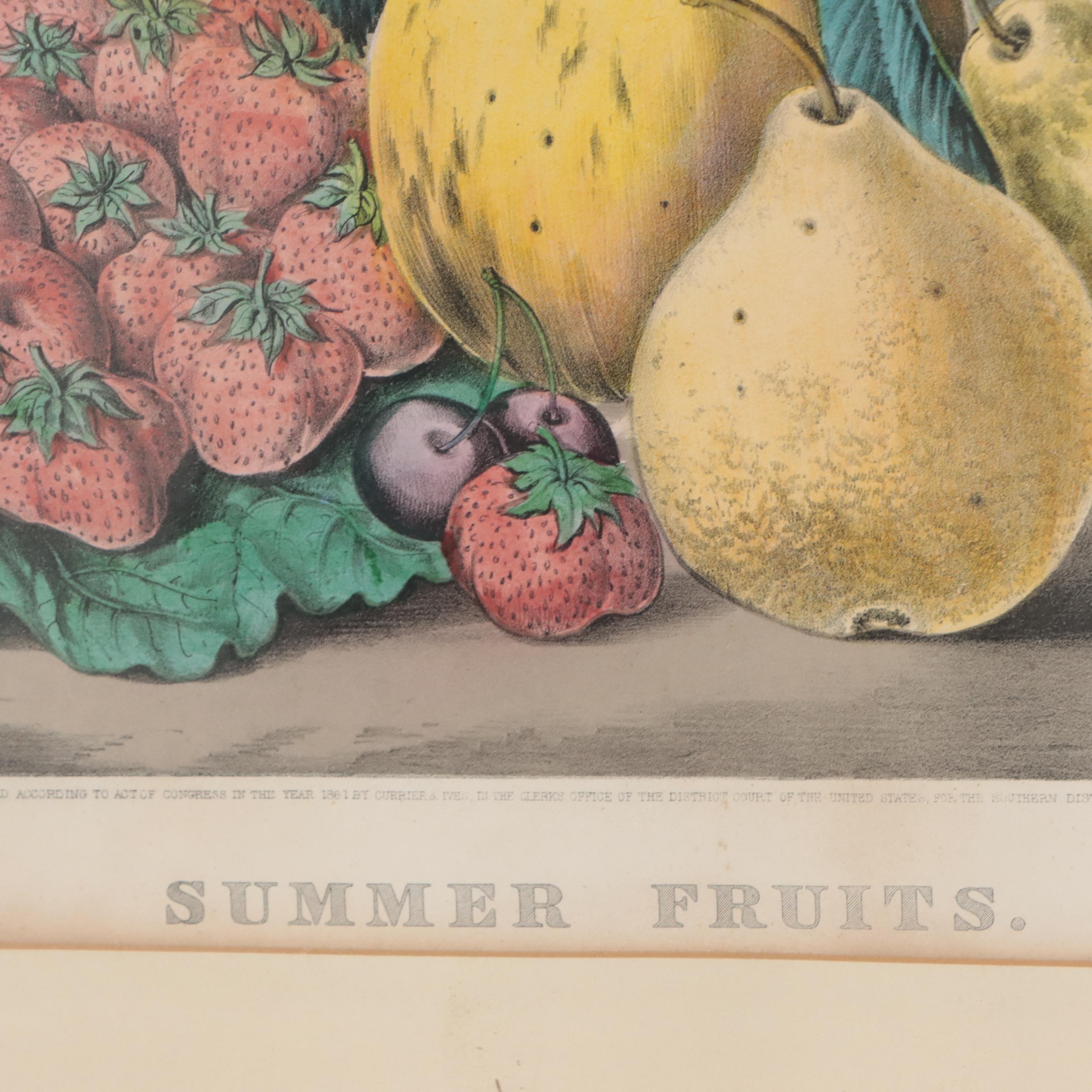 Currier & Ives Hand-Colored Lithograph "Summer Fruits," Circa 1861