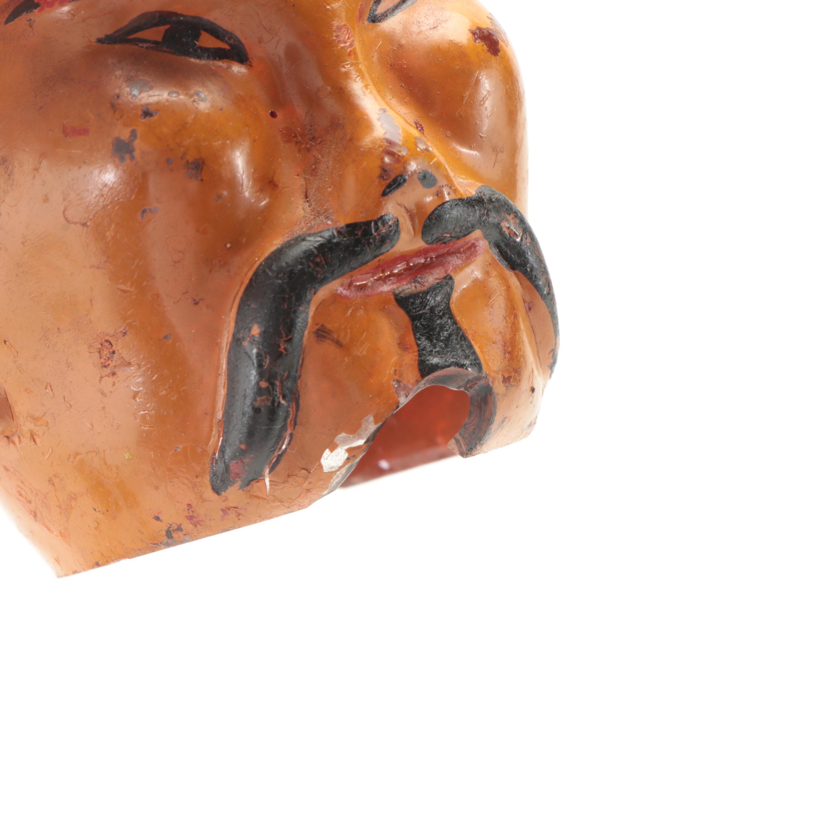 Chinese Style Painted Plaster Candle Holder with Figural Glass Liquor Bottle