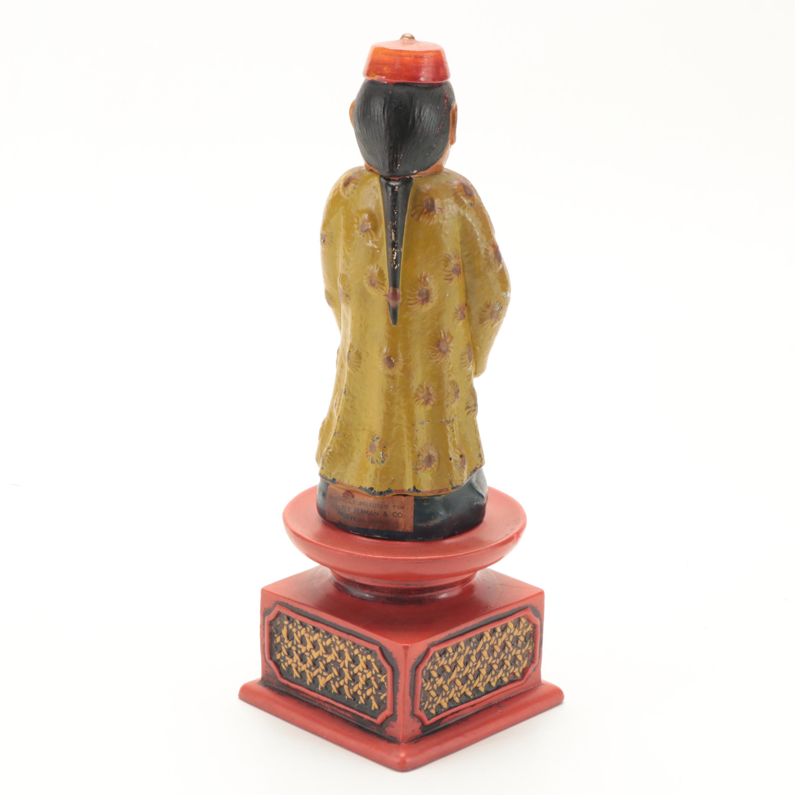 Chinese Style Painted Plaster Candle Holder with Figural Glass Liquor Bottle