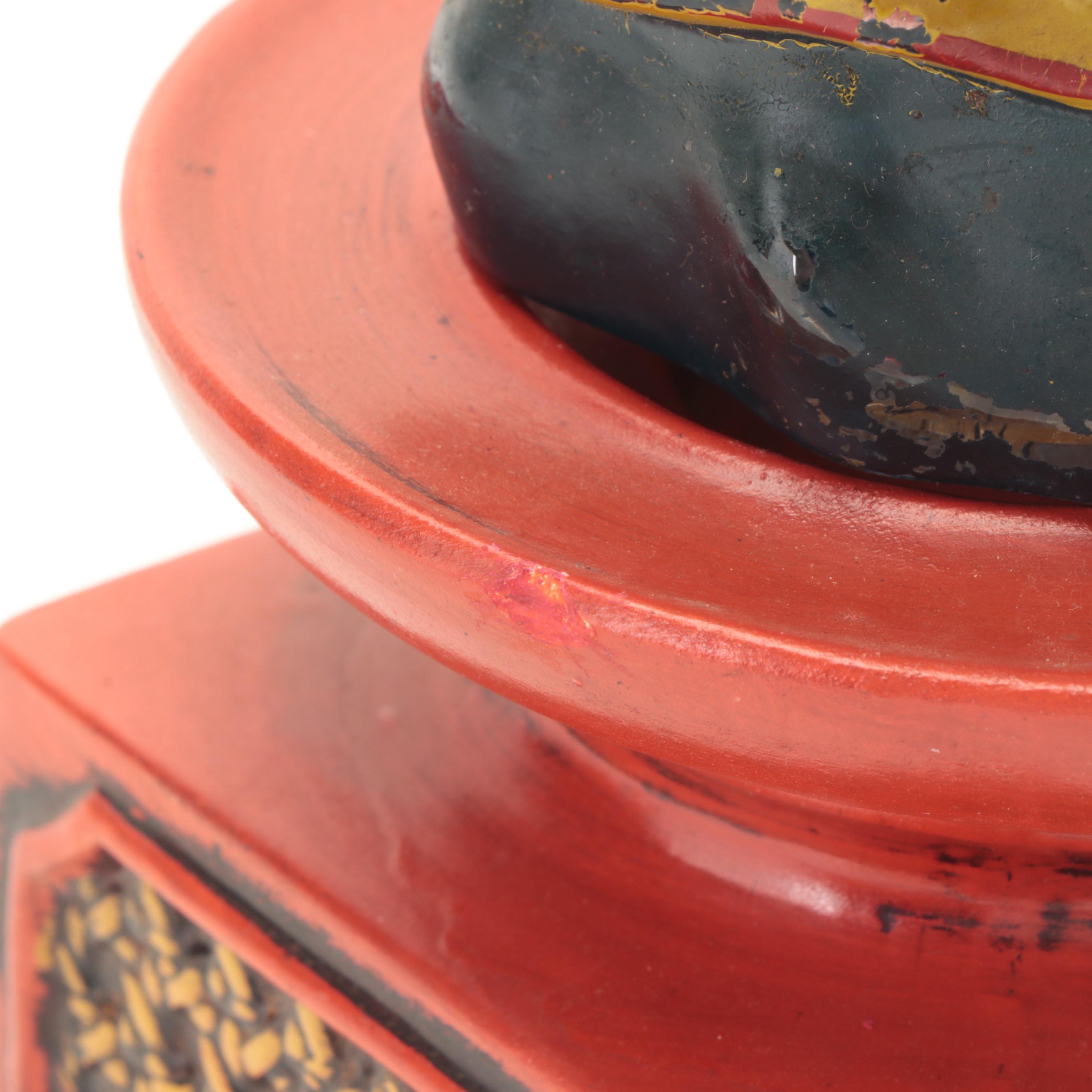 Chinese Style Painted Plaster Candle Holder with Figural Glass Liquor Bottle