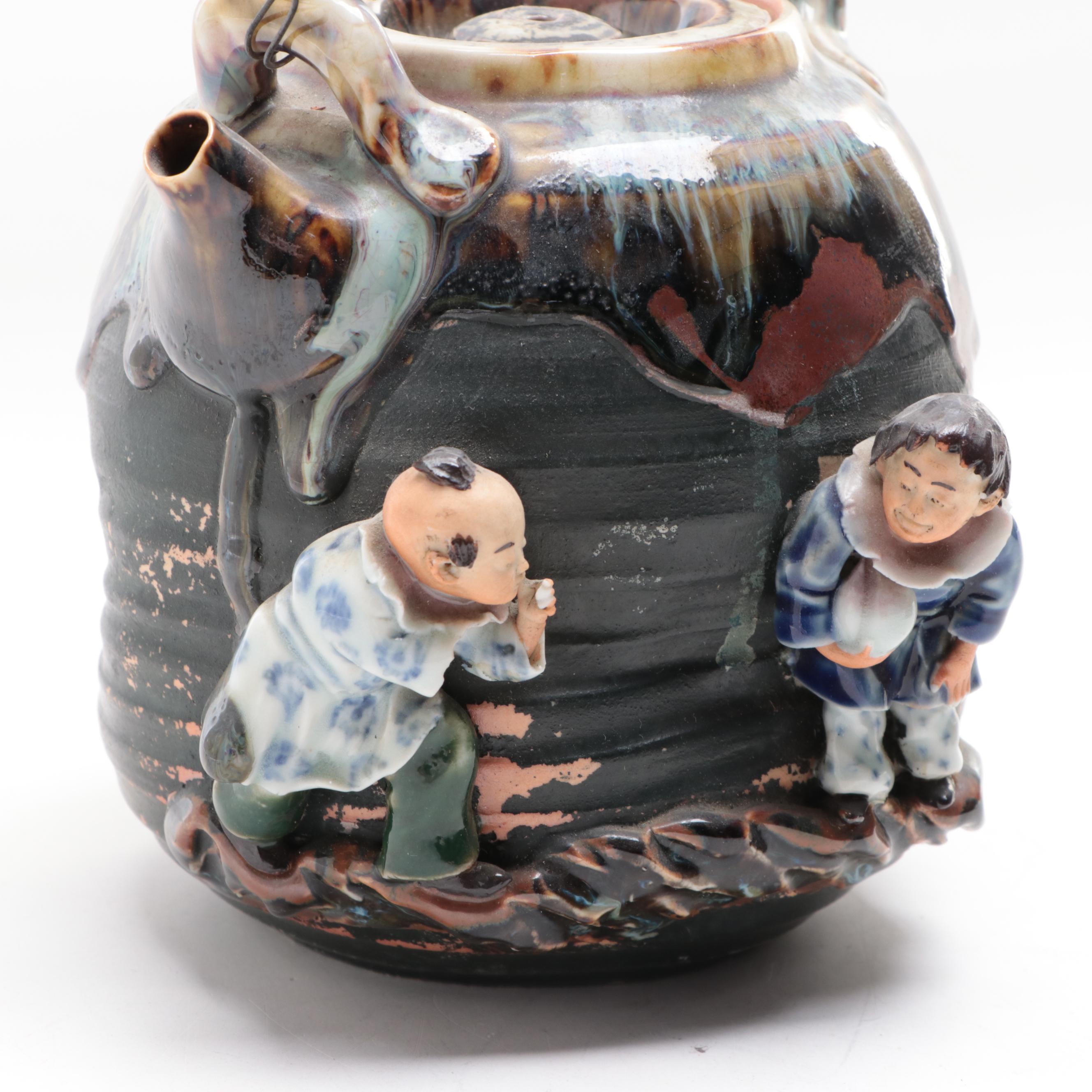 Japanese Sumida Gawa Pottery Teapots and Three-Handled Vase