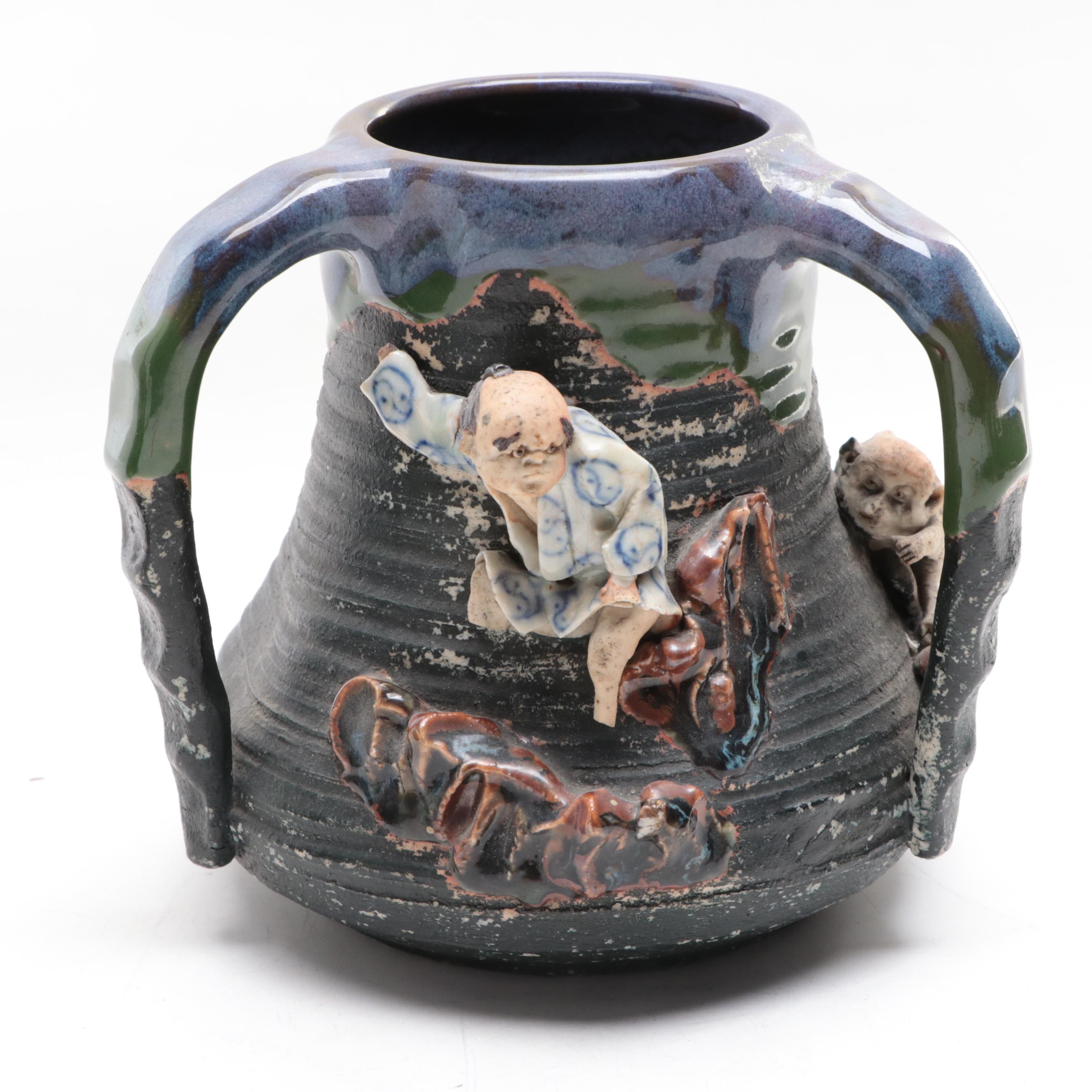 Japanese Sumida Gawa Pottery Teapots and Three-Handled Vase