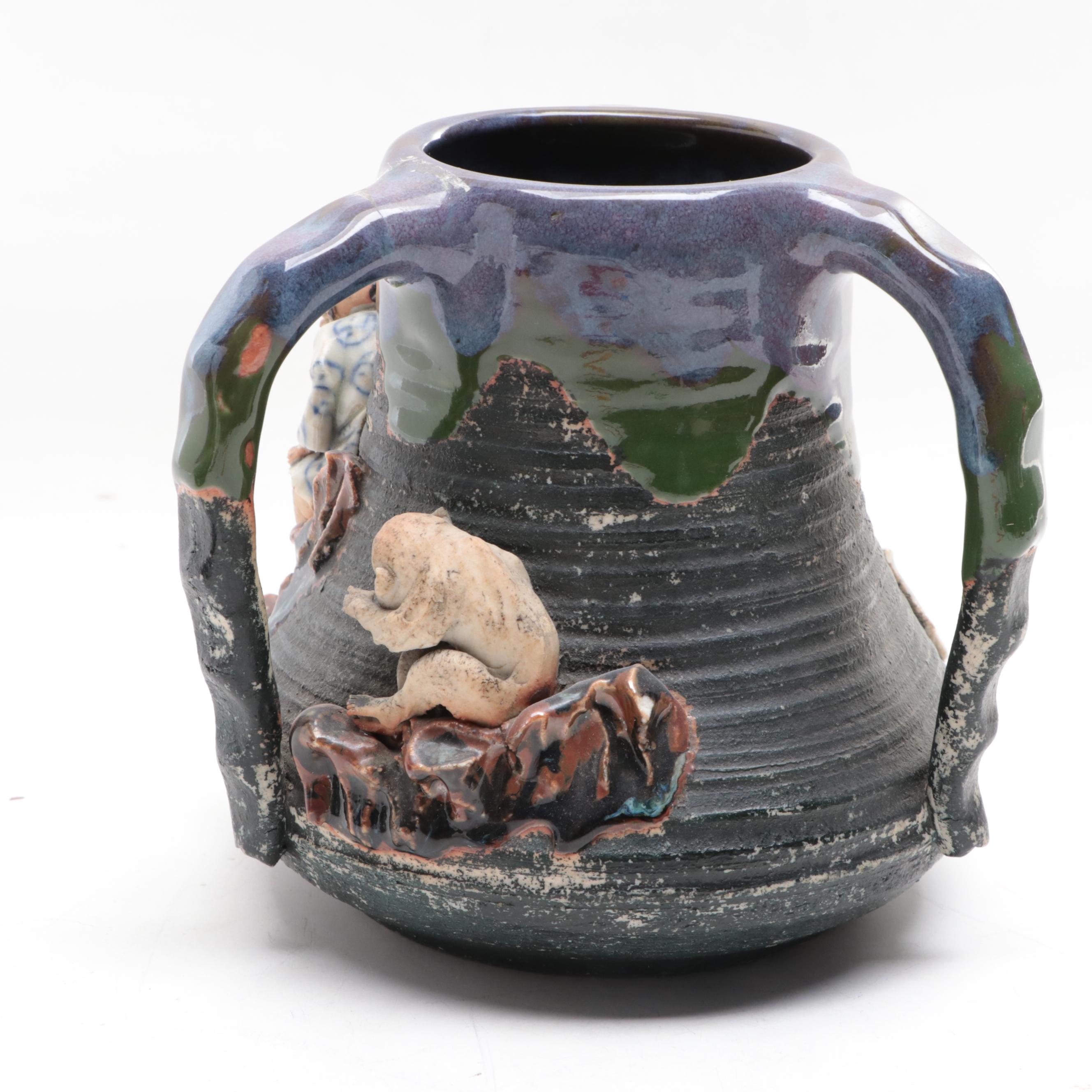 Japanese Sumida Gawa Pottery Teapots and Three-Handled Vase