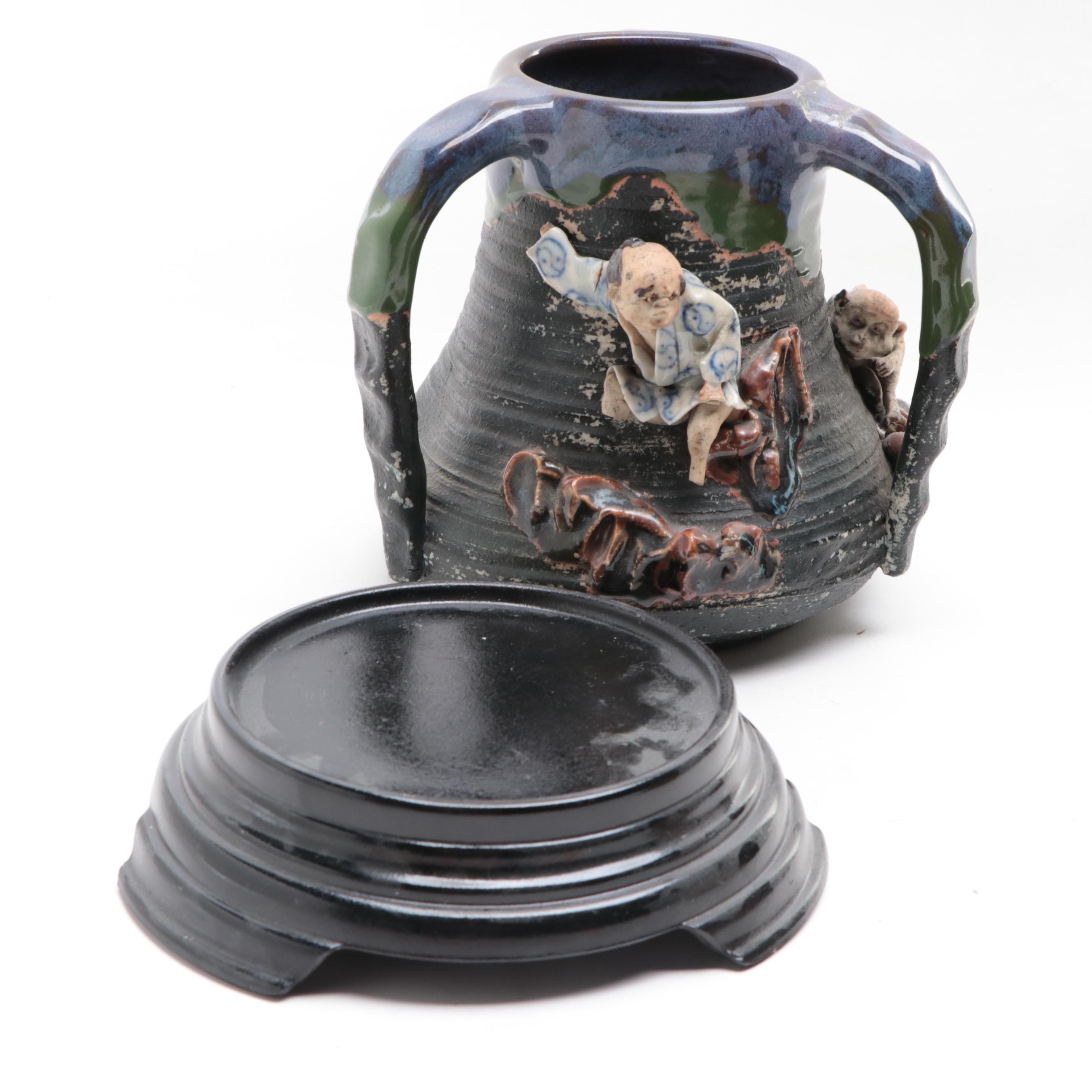 Japanese Sumida Gawa Pottery Teapots and Three-Handled Vase