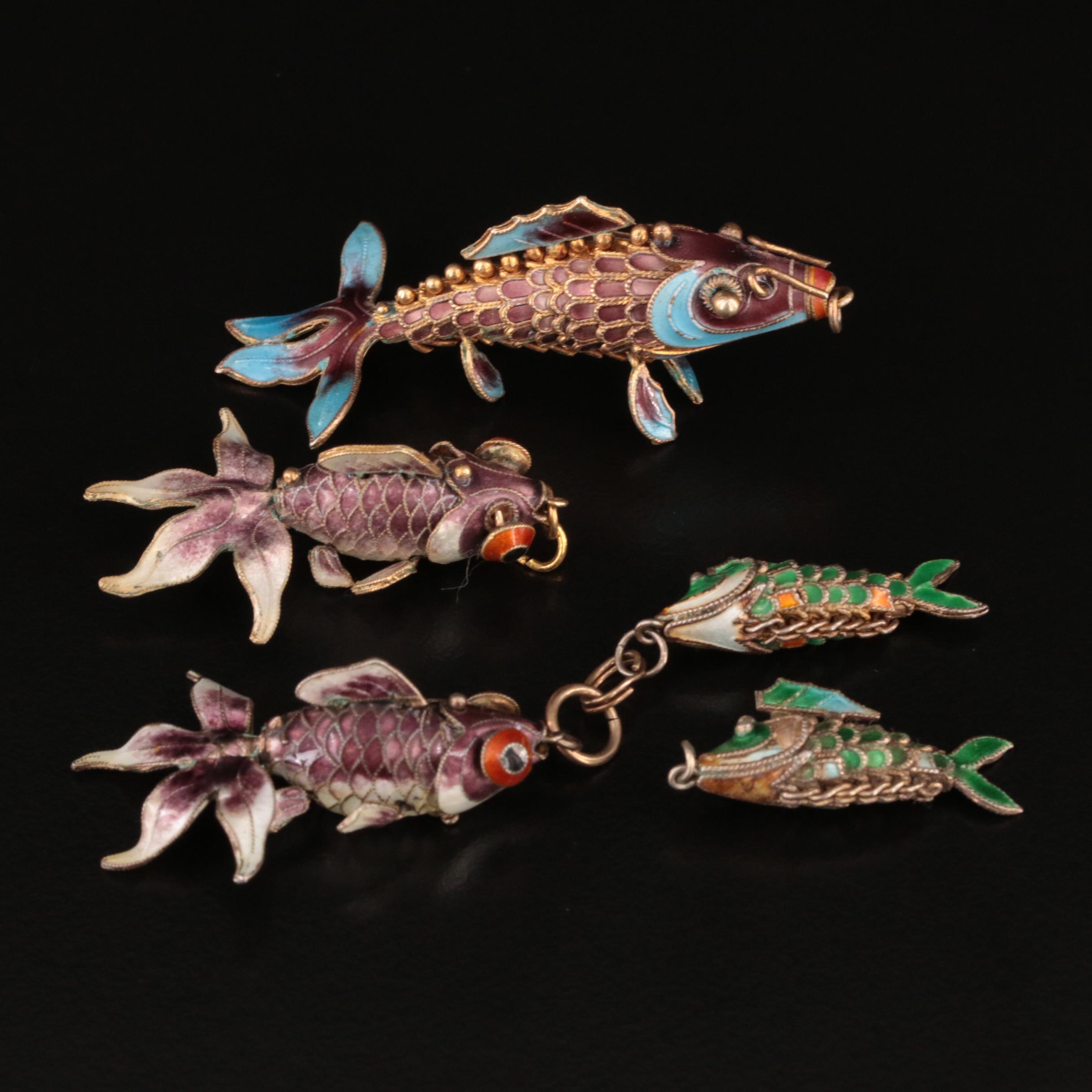 Vintage Sterling Articulated Fish Enamel Pendants