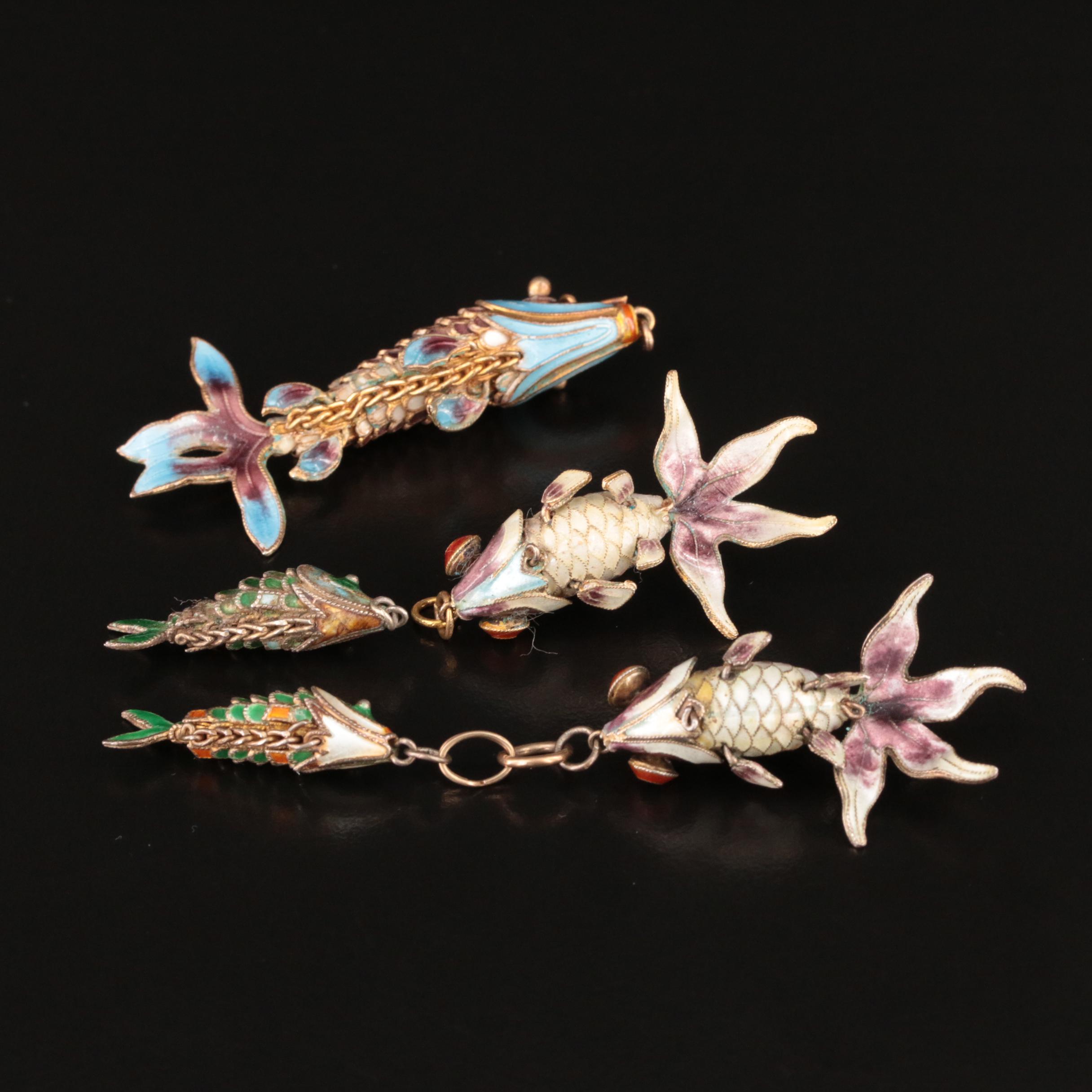 Vintage Sterling Articulated Fish Enamel Pendants