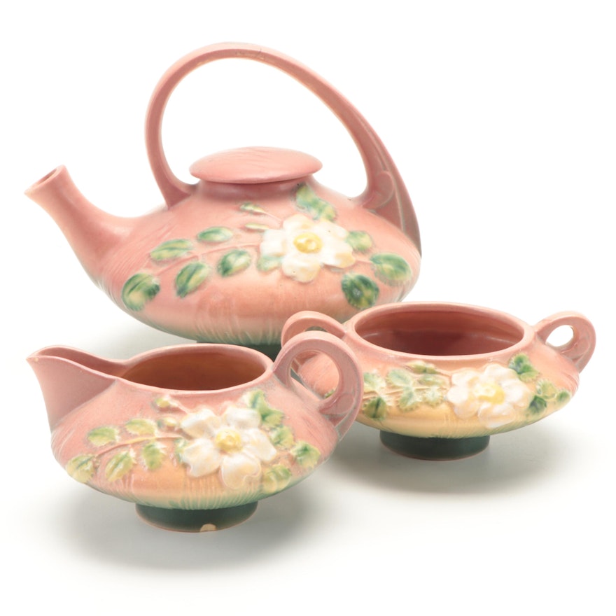 Roseville "White Rose" Ceramic Teapot with Creamer and Sugar