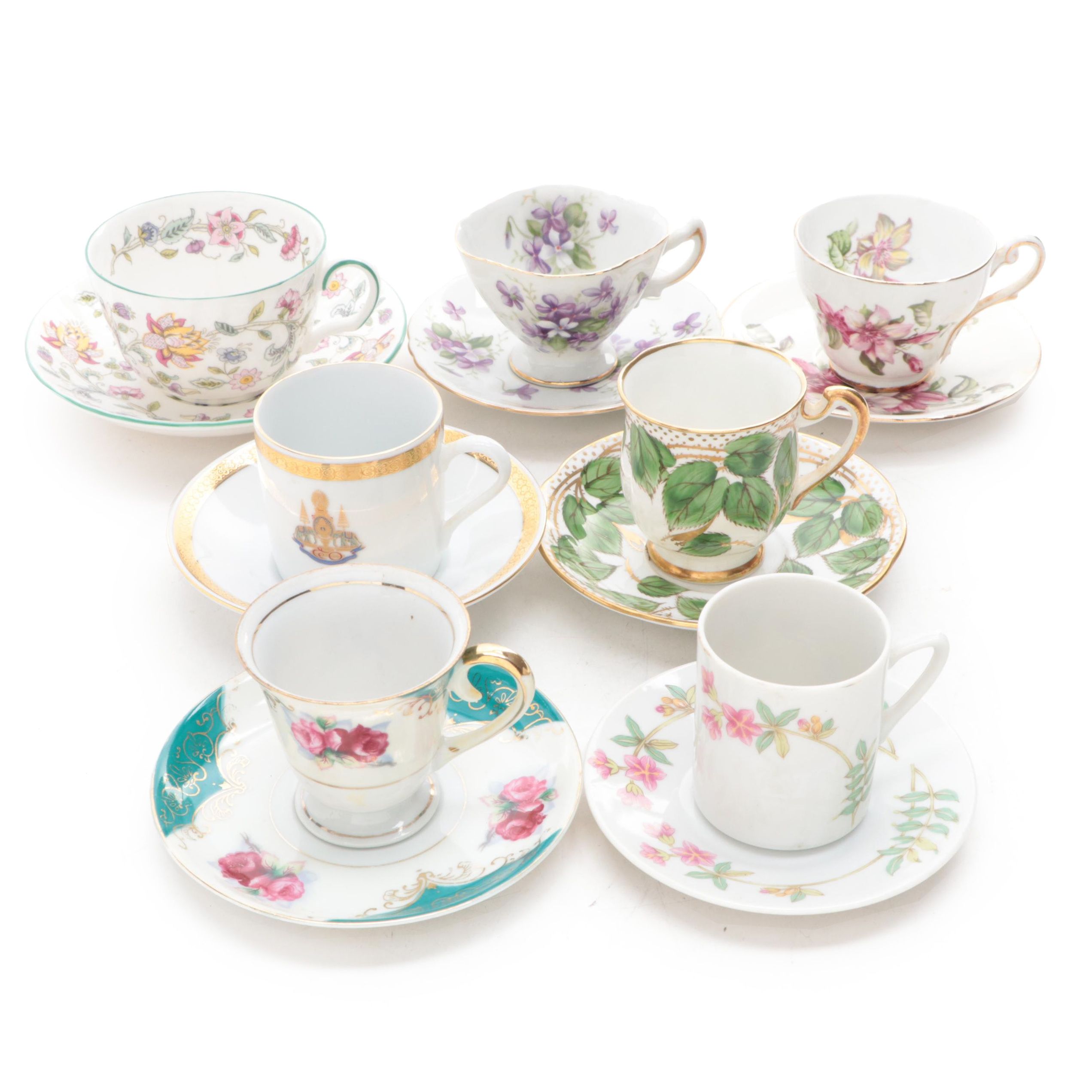 John Wadsworth for Minton "Haddon Hall" with Other Porcelain Cups and Saucers