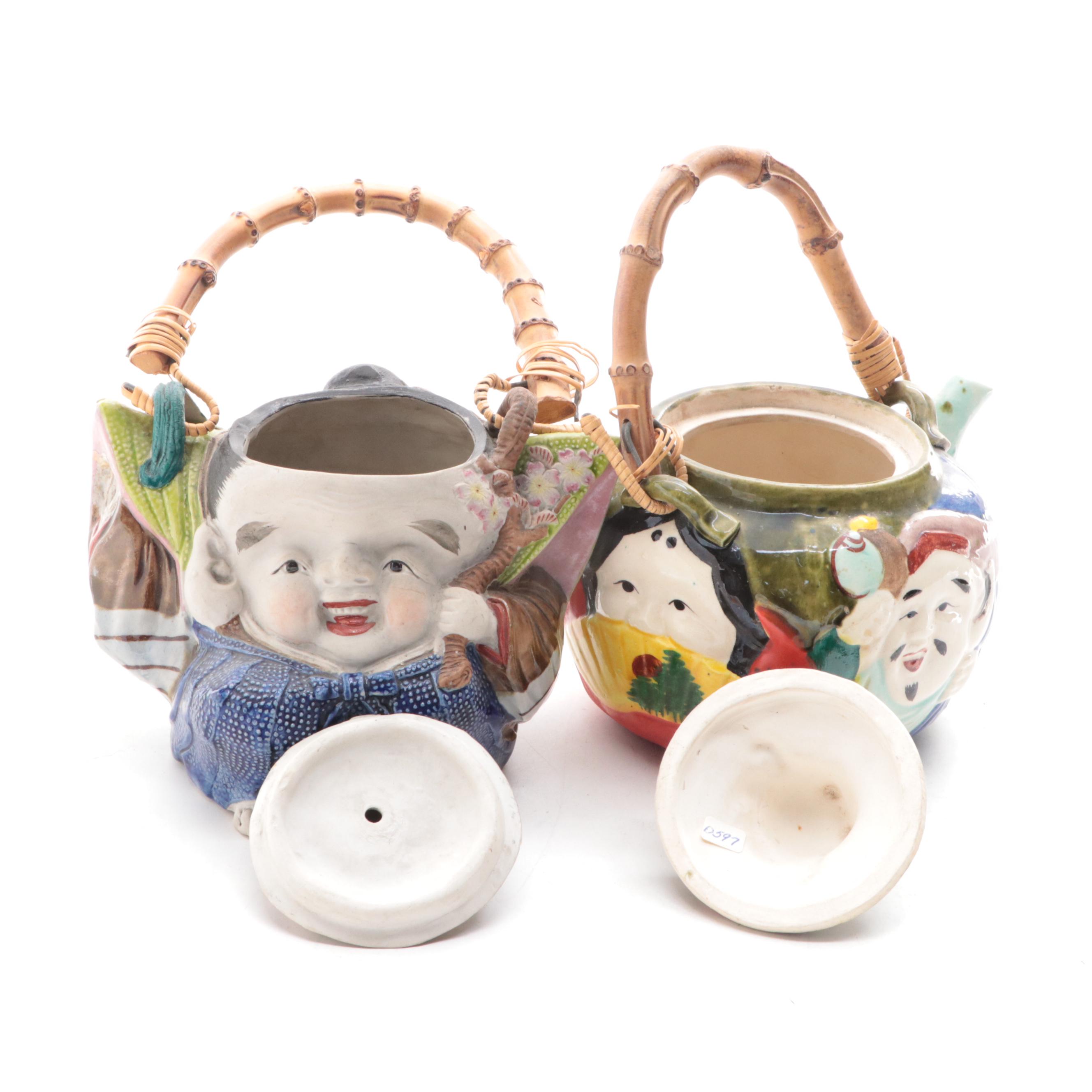 Japanese Banko Ware Teapots with Bamboo Handles