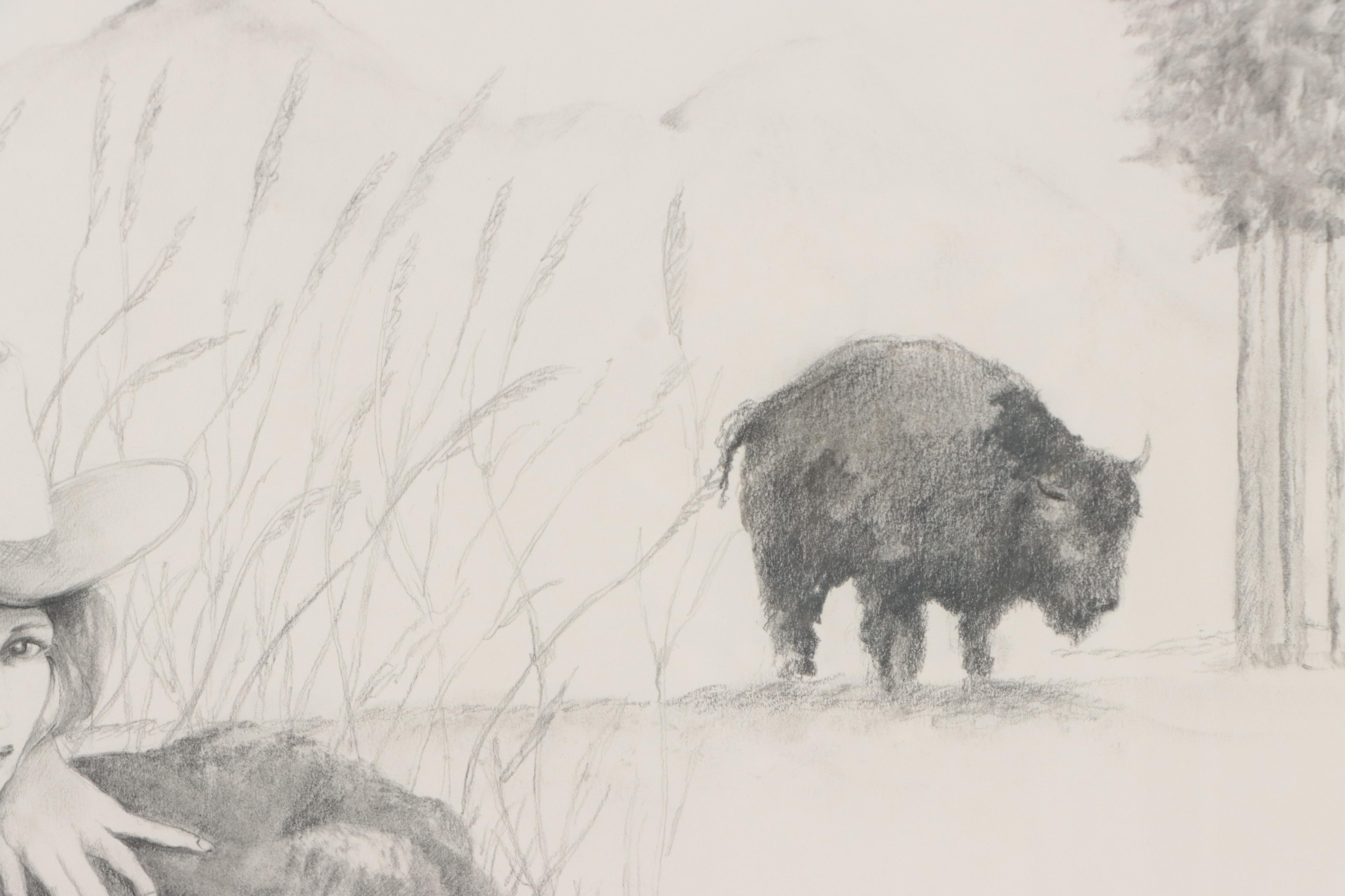 Richard Milam Graphite Drawing of Cowgirl and Bison, 1985