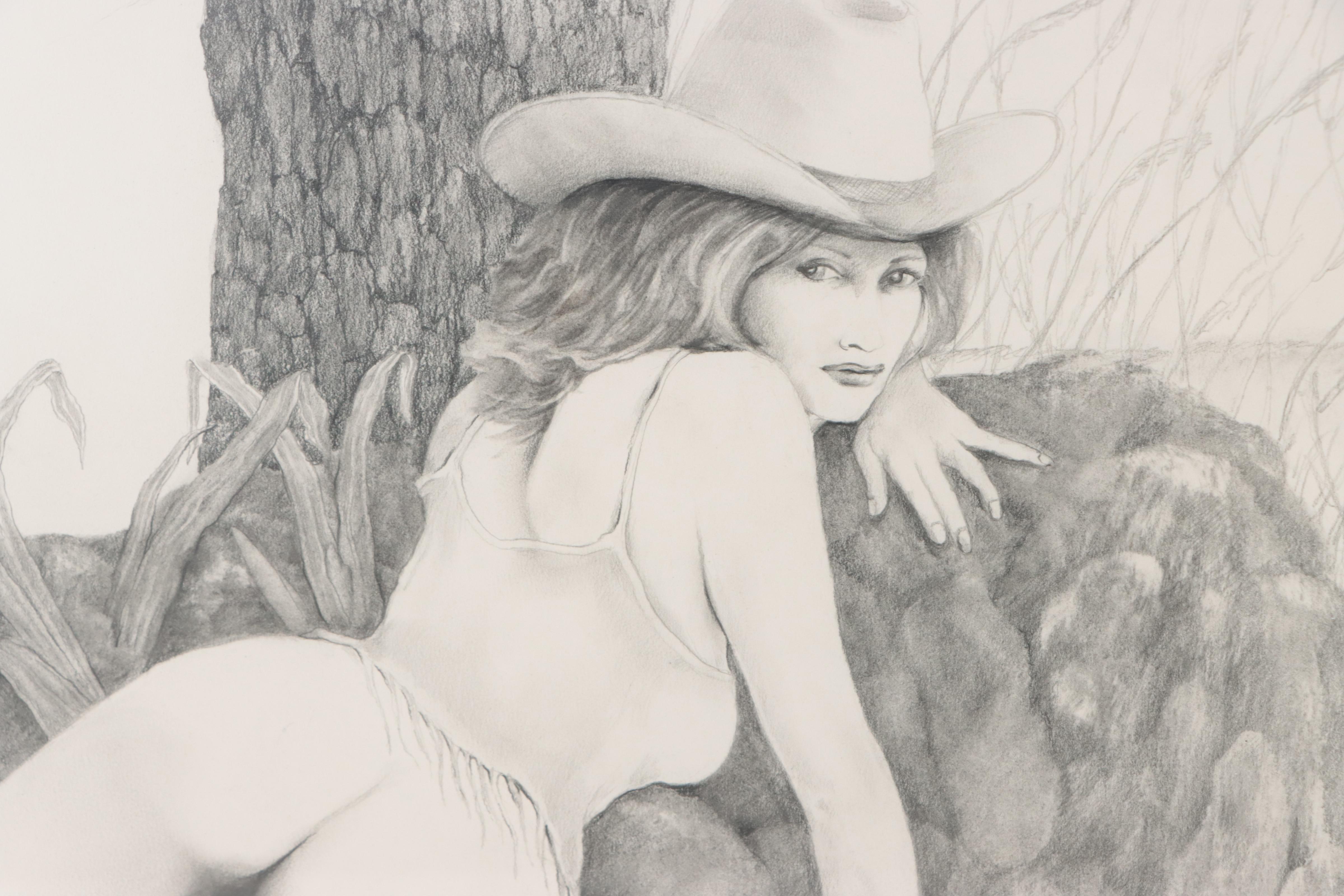 Richard Milam Graphite Drawing of Cowgirl and Bison, 1985