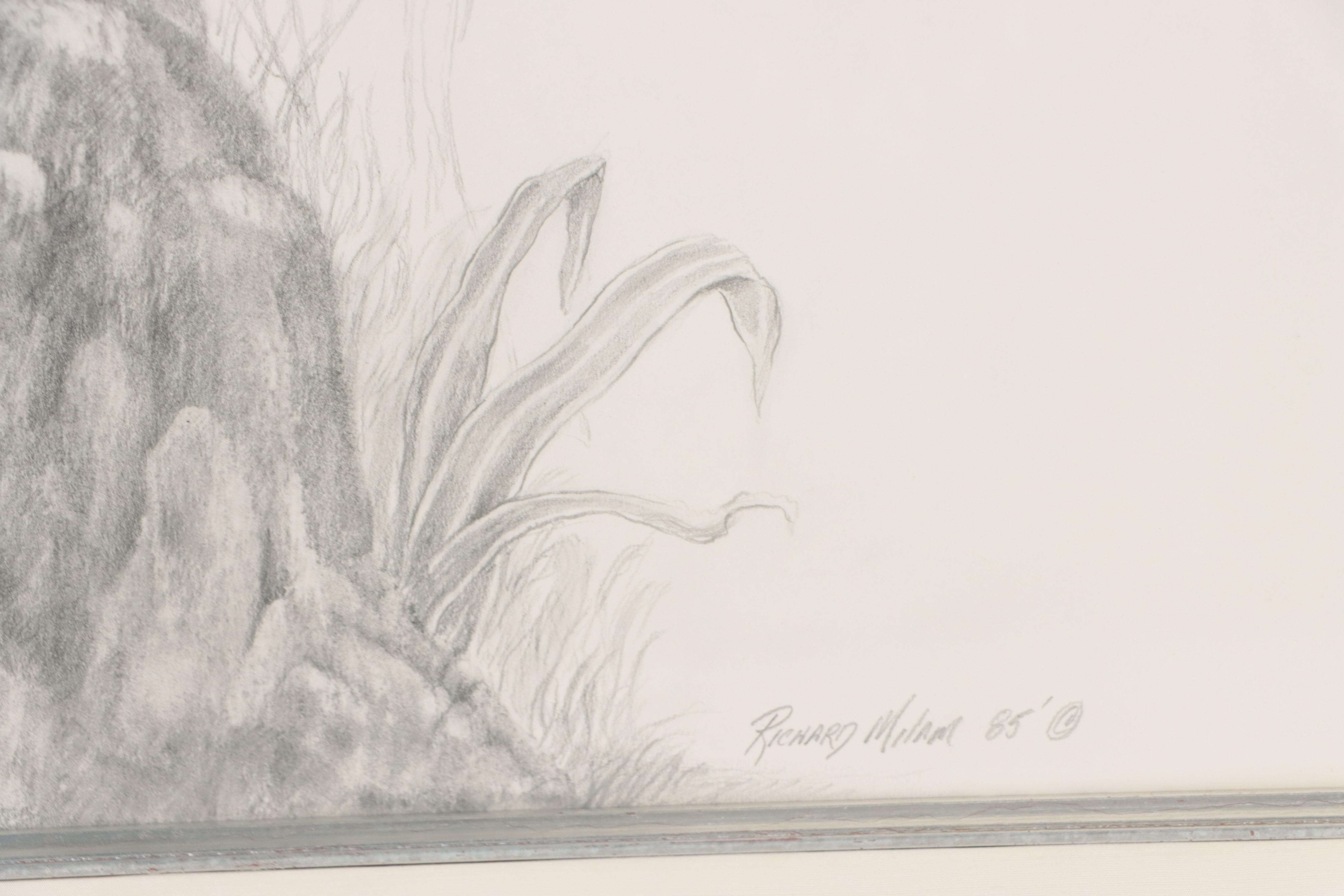 Richard Milam Graphite Drawing of Cowgirl and Bison, 1985