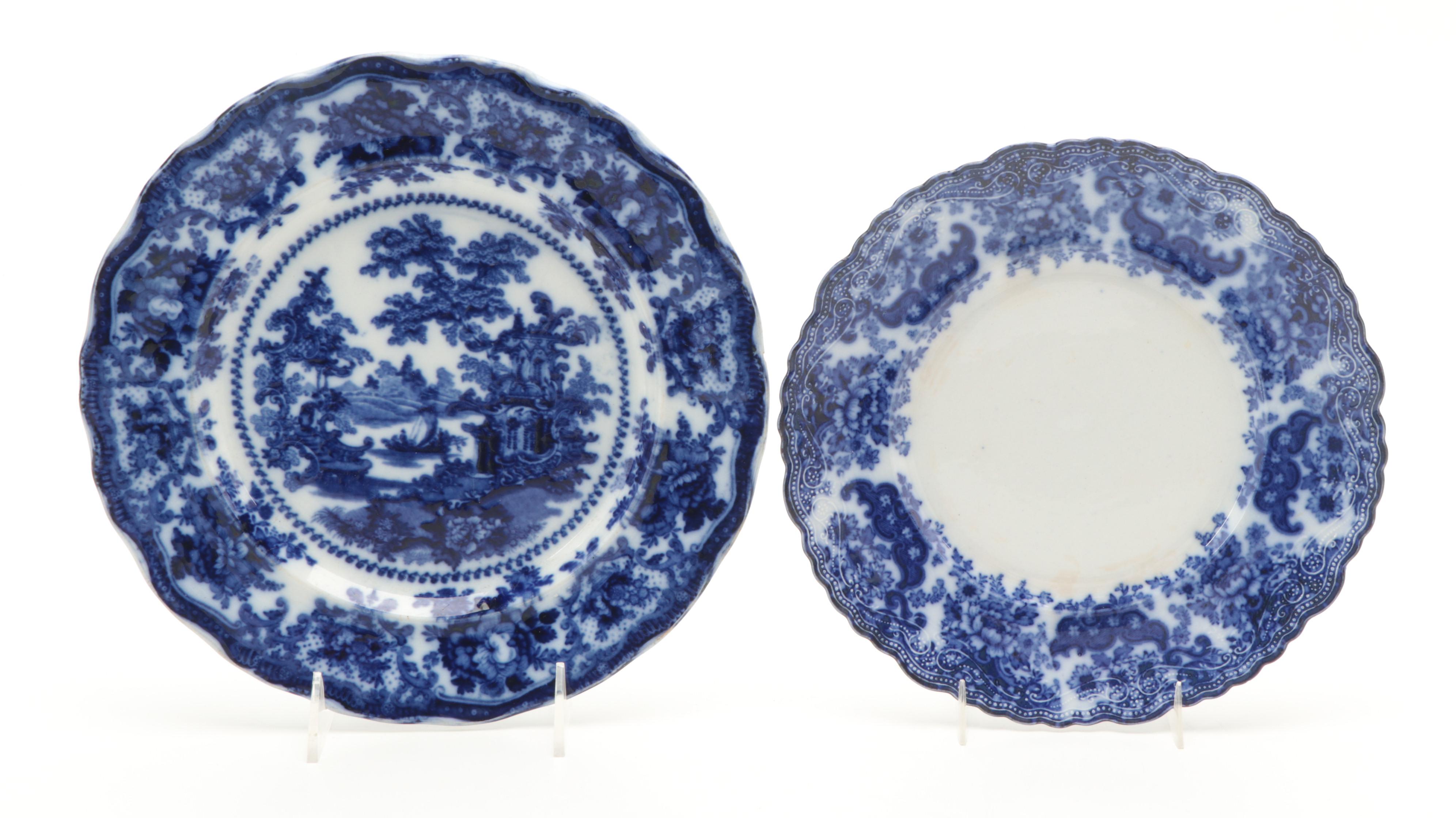 Adams and Other English Flow Blue Ironstone Plates, Late 19th/ Early 20th C.