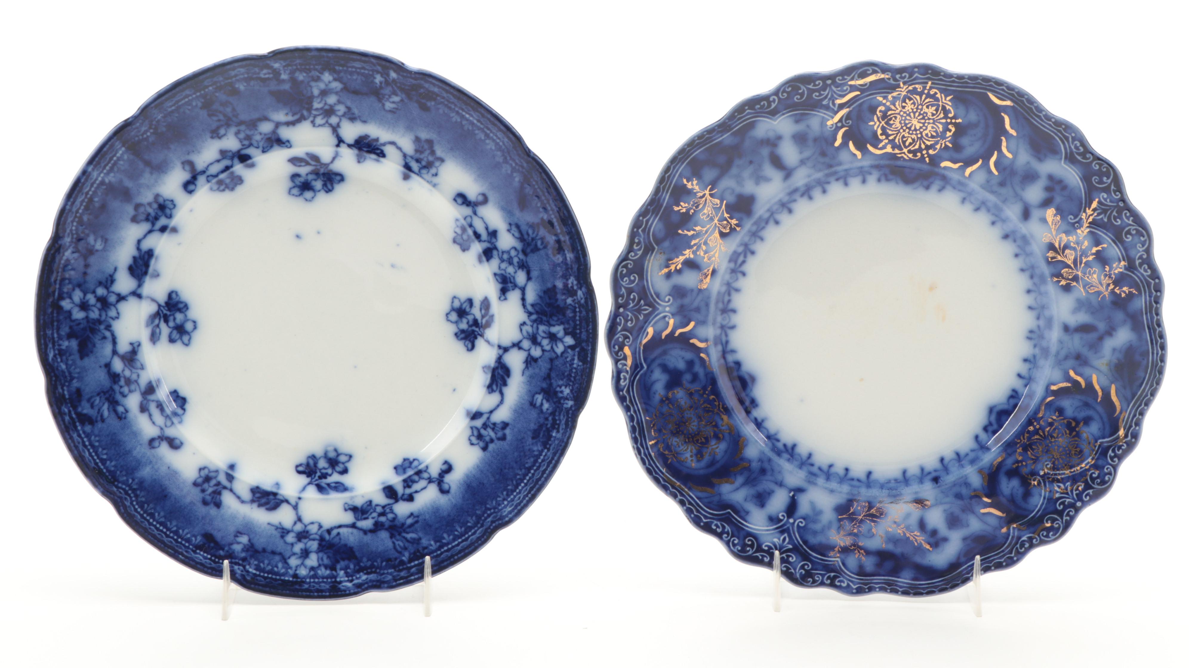 Adams and Other English Flow Blue Ironstone Plates, Late 19th/ Early 20th C.