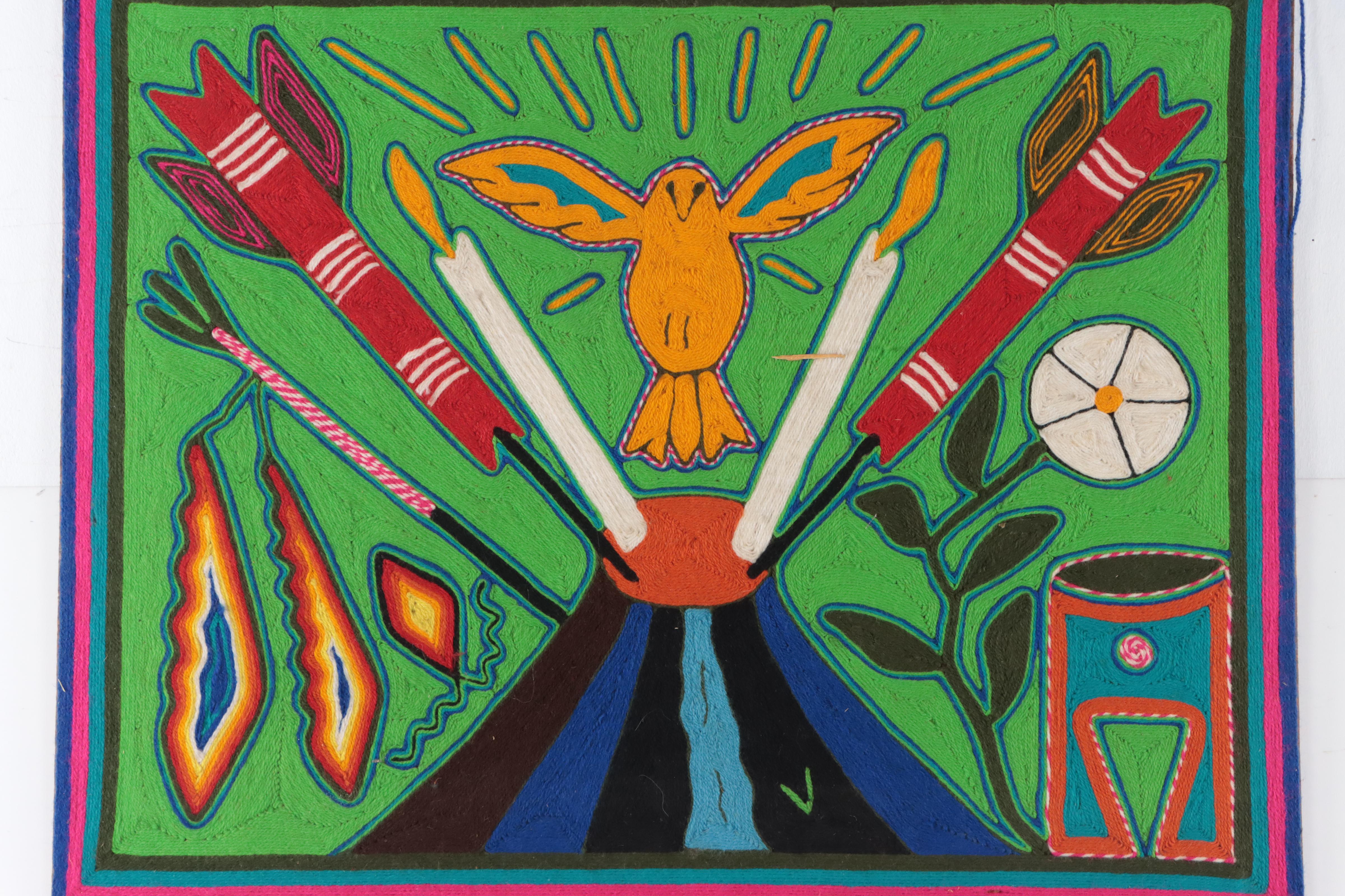 Huichol Yarn Painting Featuring Birds