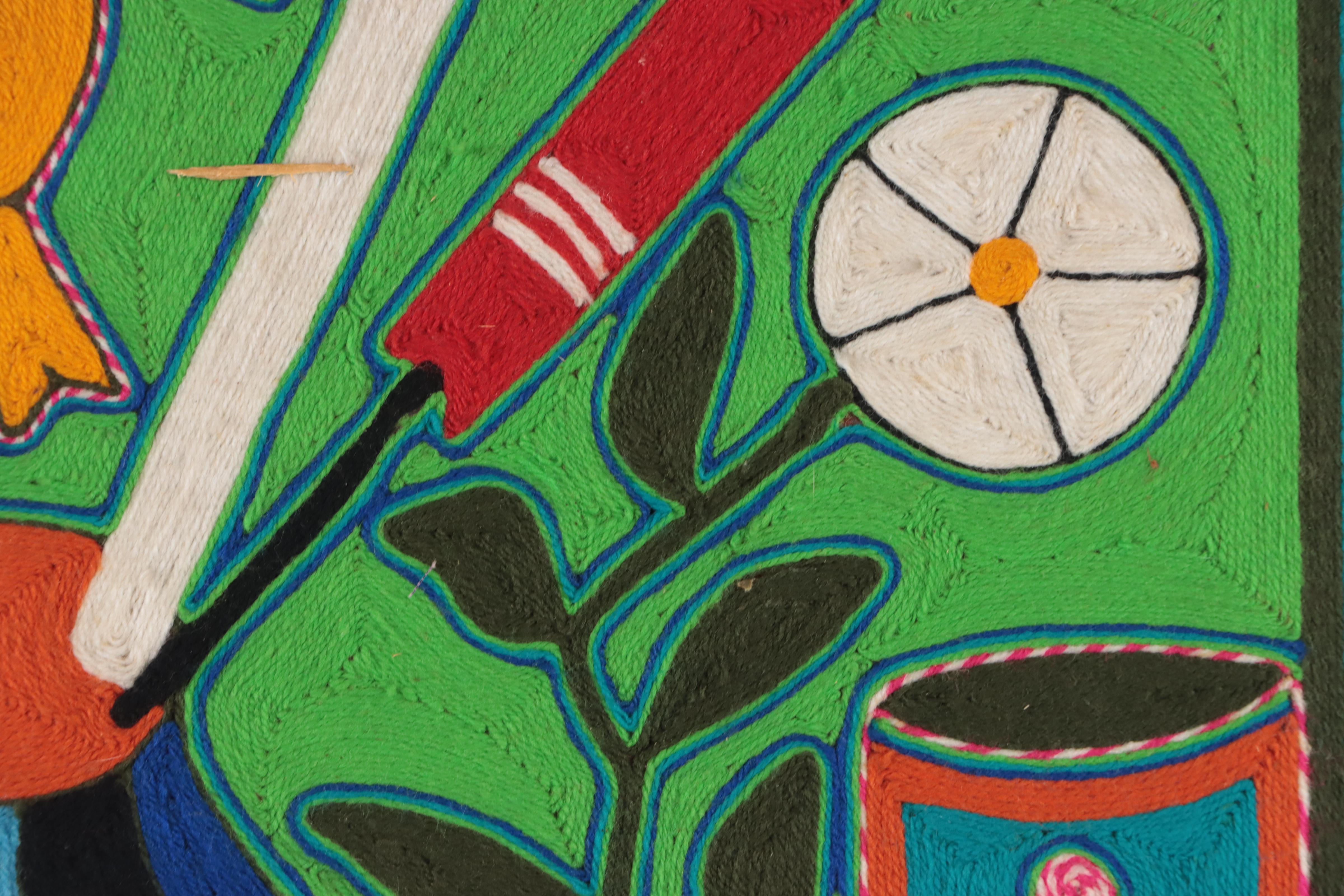 Huichol Yarn Painting Featuring Birds