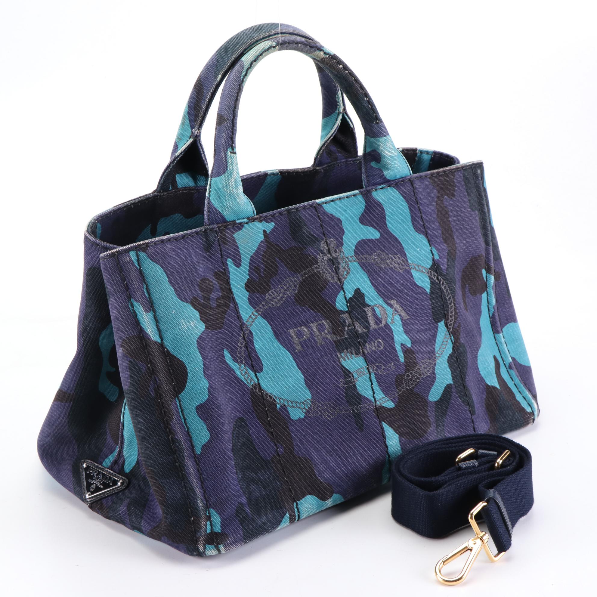 Prada Logo Tote in Blue Camo-Printed Canvas with Shoulder Strap