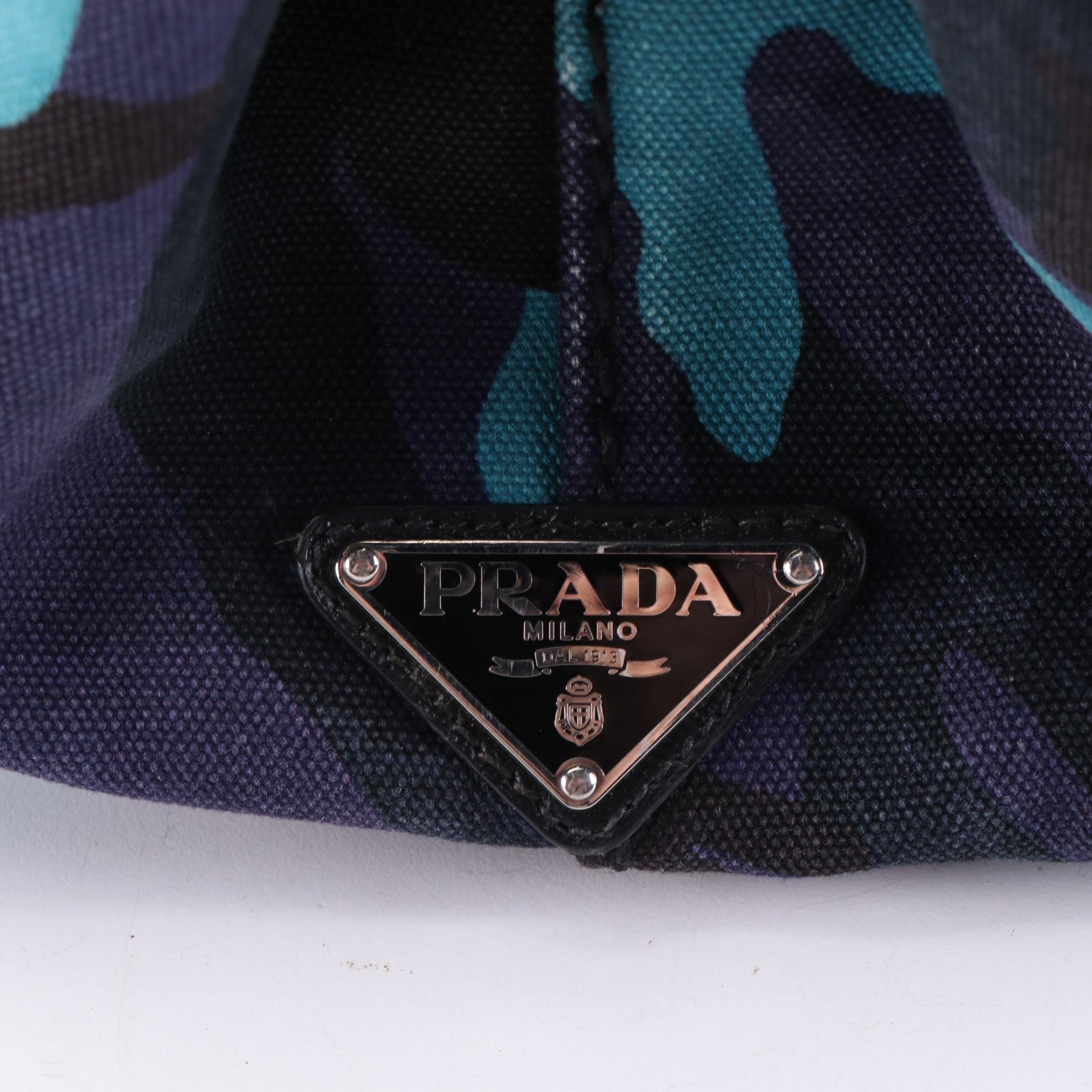 Prada Logo Tote in Blue Camo-Printed Canvas with Shoulder Strap
