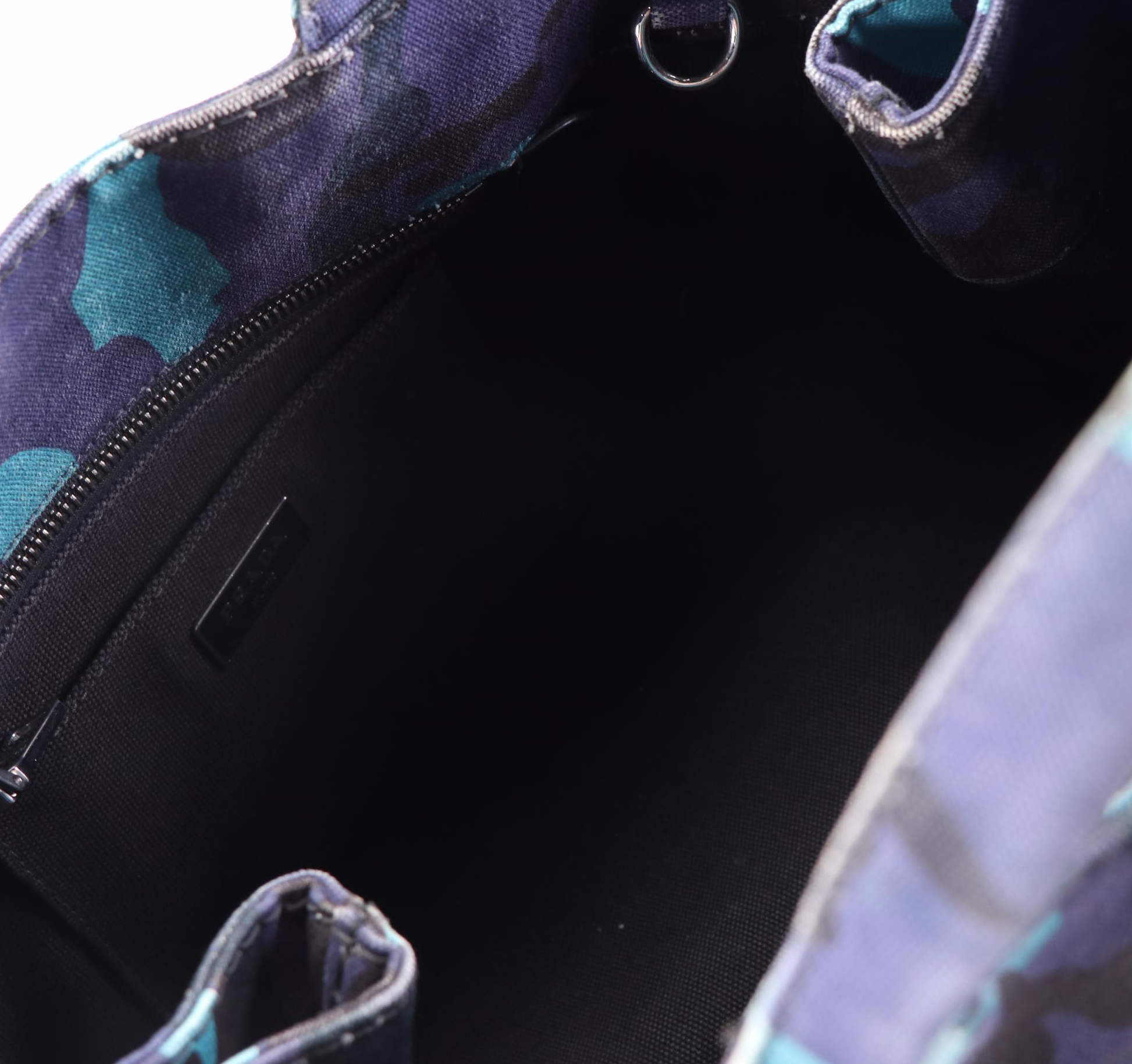 Prada Logo Tote in Blue Camo-Printed Canvas with Shoulder Strap