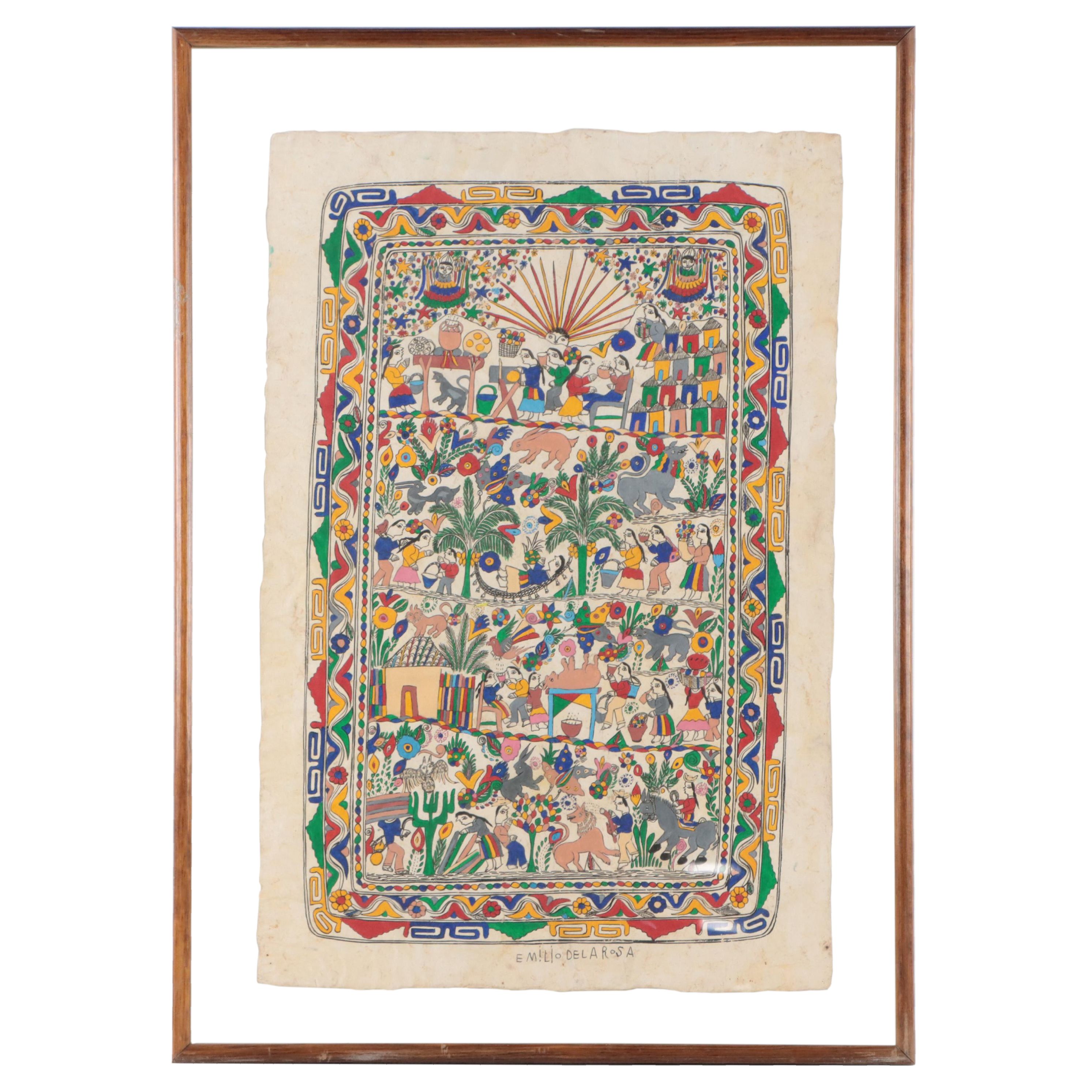 Emilio Dela Rosa Mexican Folk Art Gouache Painting