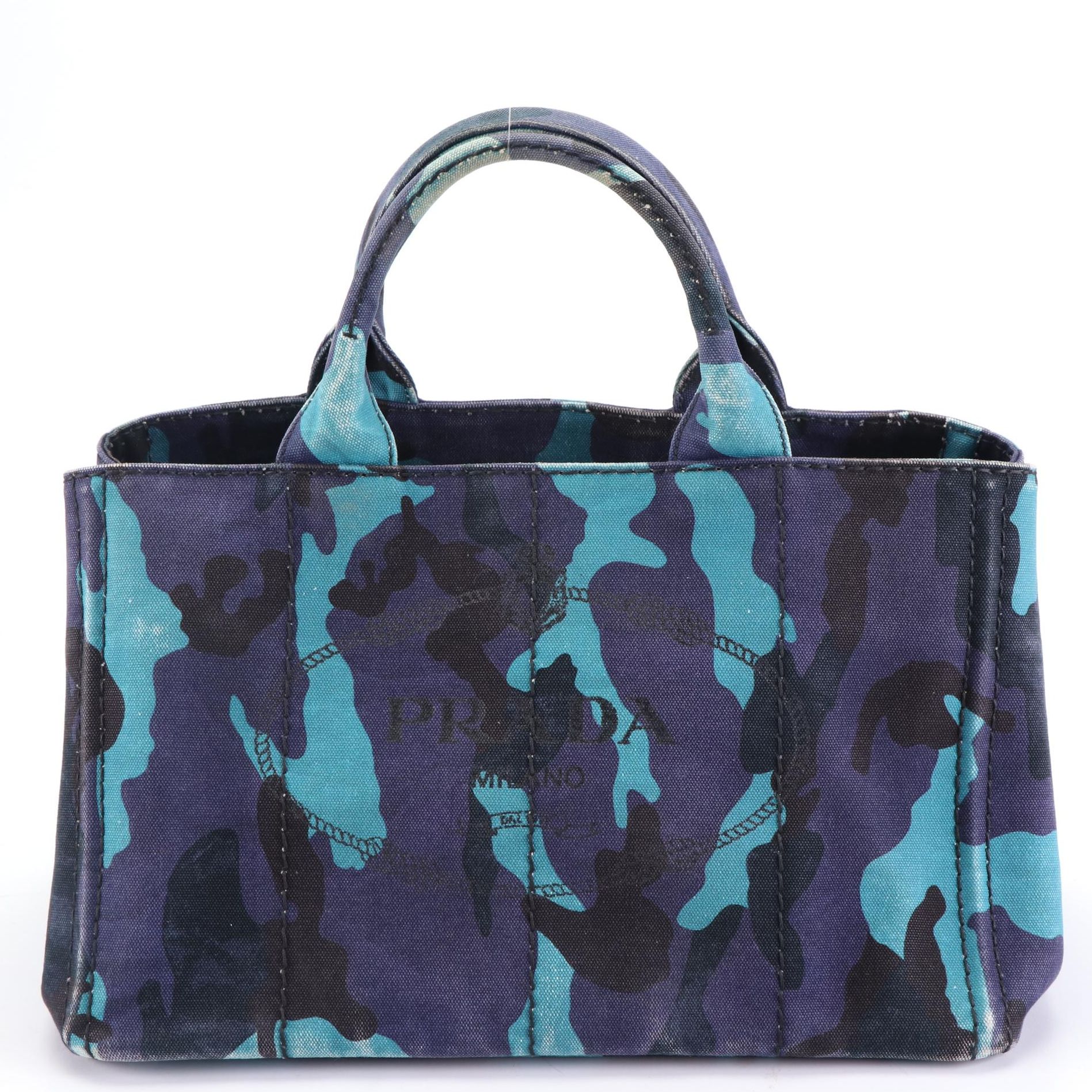 Prada Logo Tote in Blue Camo-Printed Canvas with Shoulder Strap