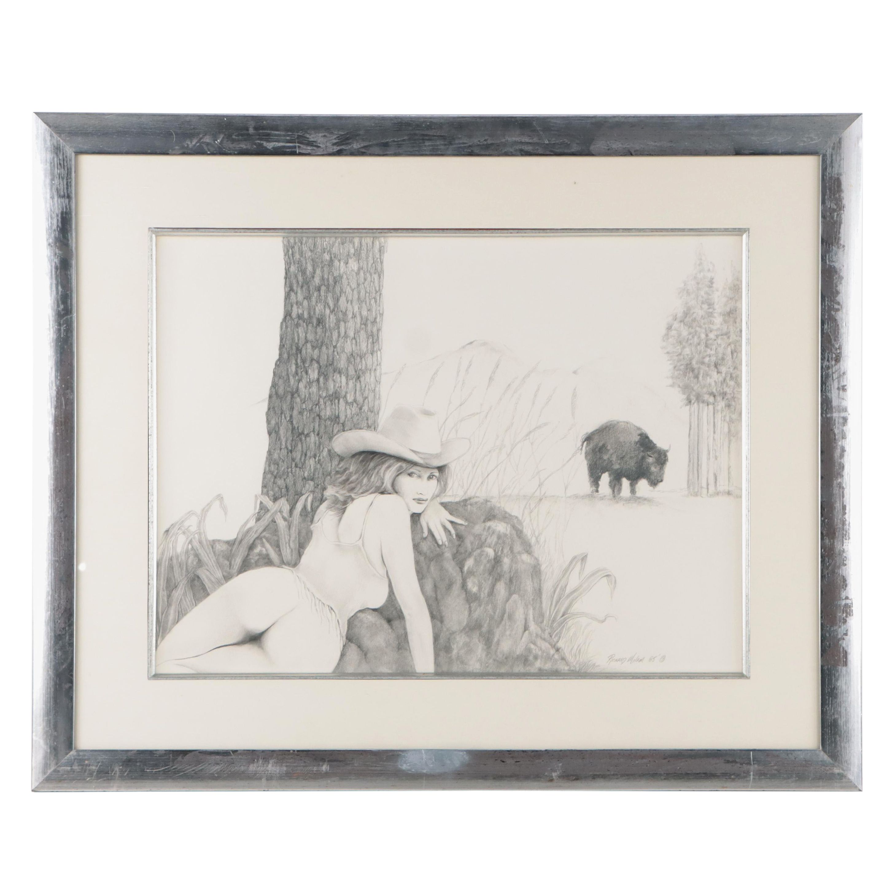 Richard Milam Graphite Drawing of Cowgirl and Bison, 1985