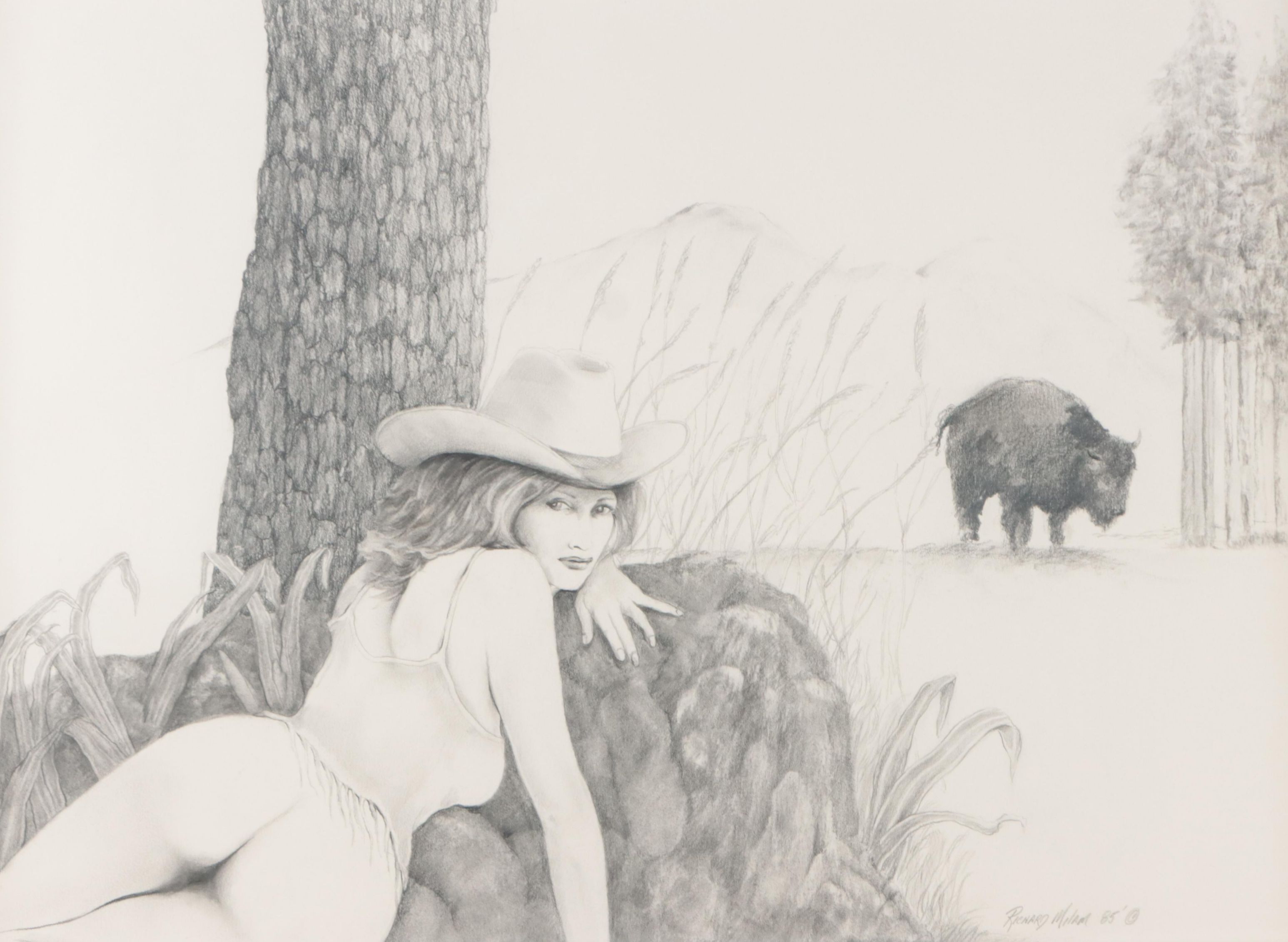 Richard Milam Graphite Drawing of Cowgirl and Bison, 1985