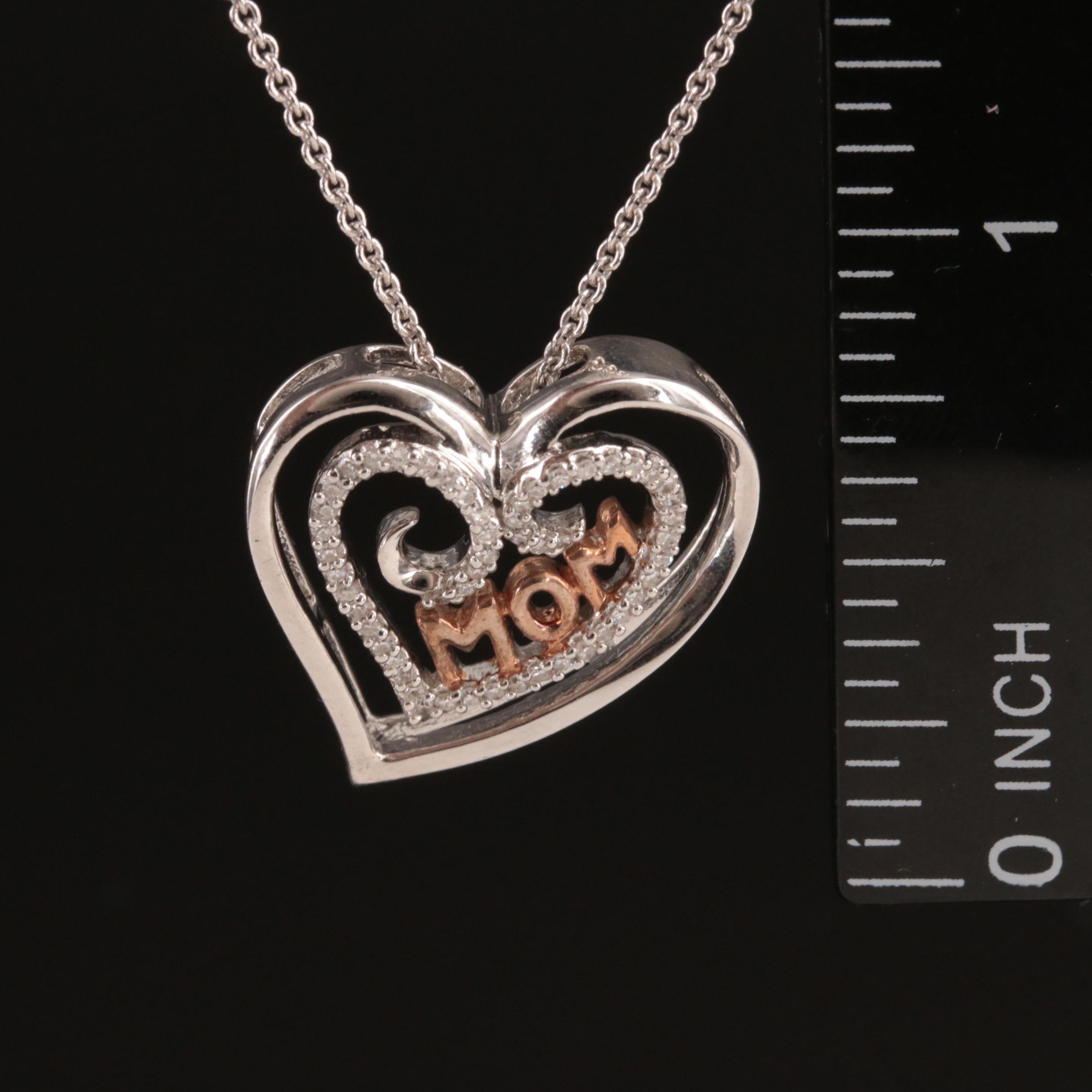 Sterling Diamond "Mom" Heart Pendant Necklace