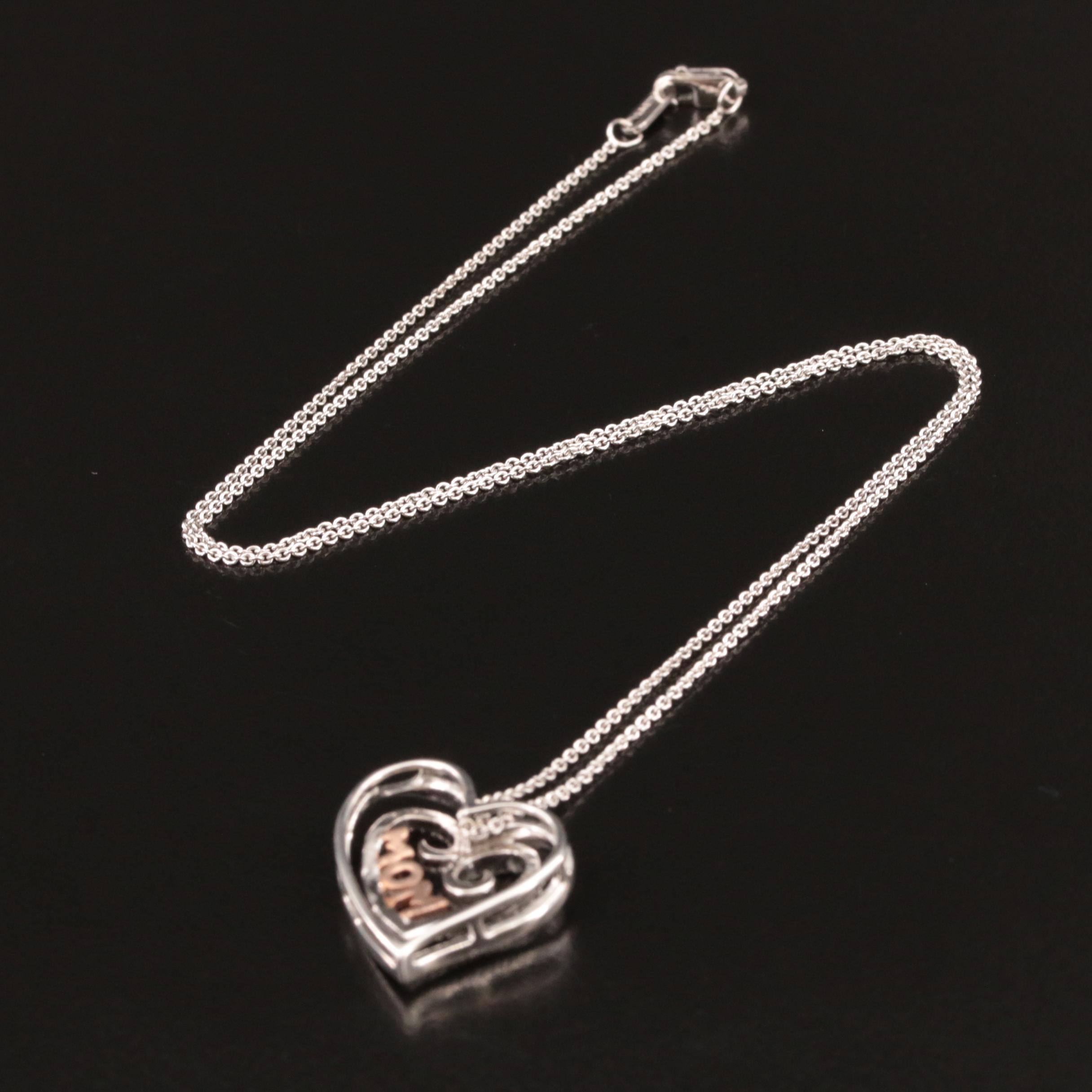 Sterling Diamond "Mom" Heart Pendant Necklace