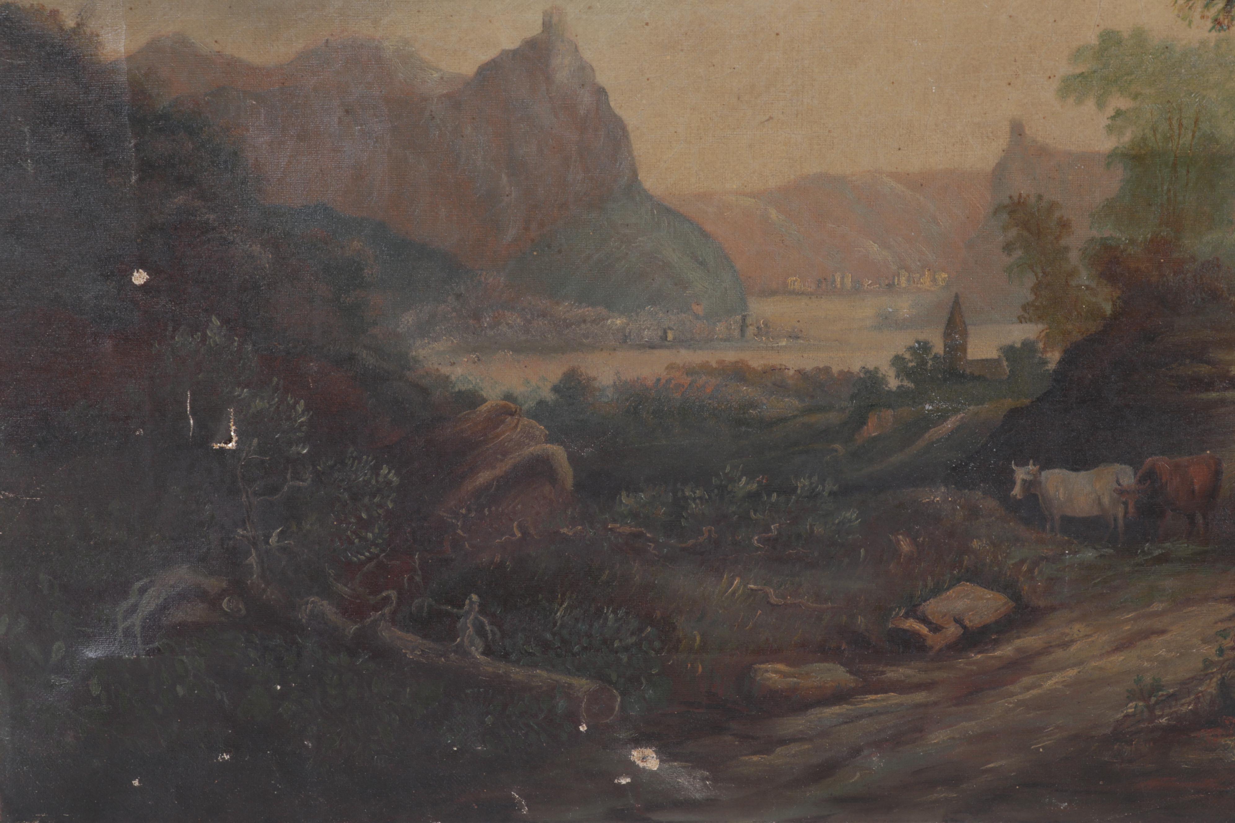 Tonalist Landscape Oil Painting of Cow Grazing by Rural Path, Late 19th Century