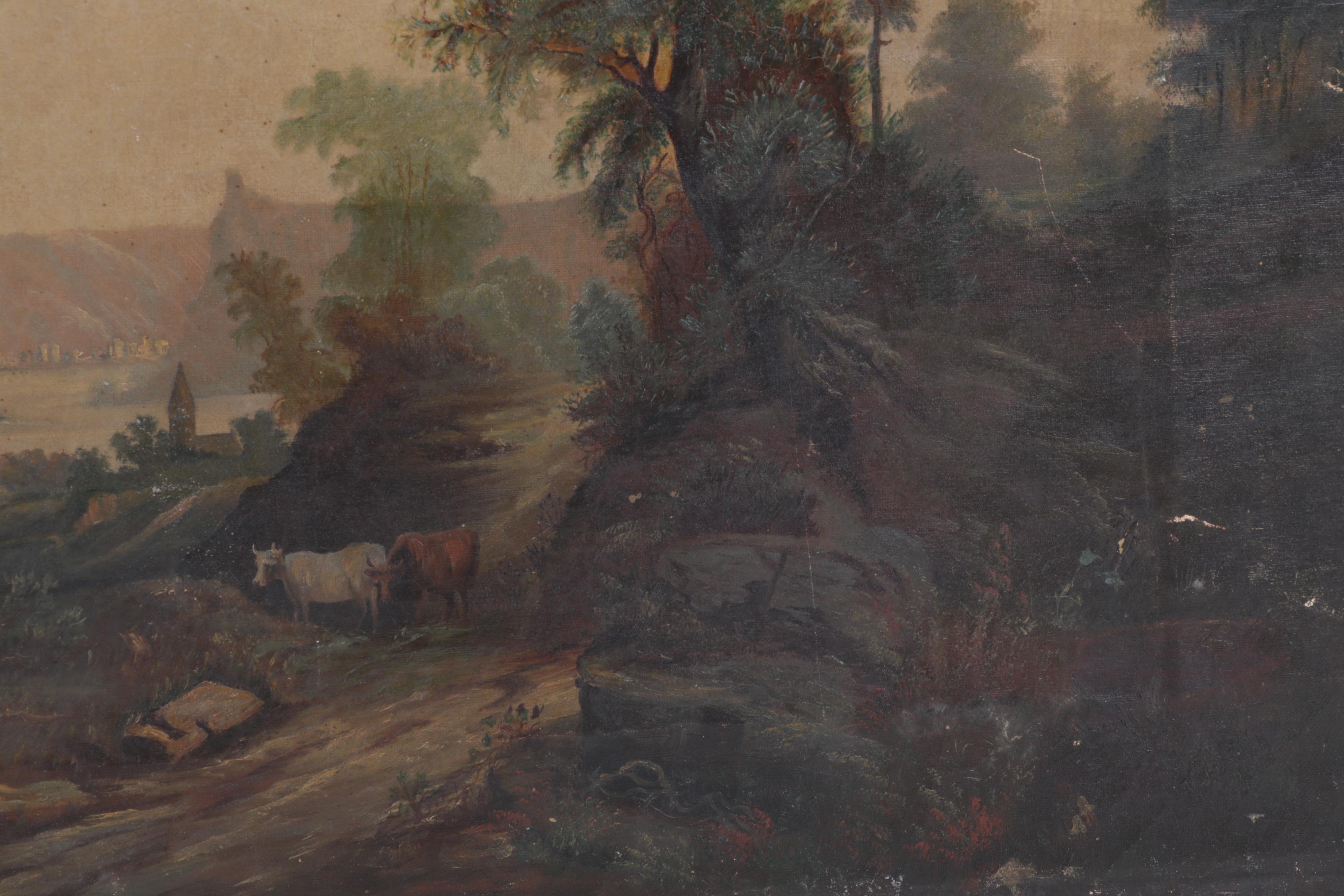 Tonalist Landscape Oil Painting of Cow Grazing by Rural Path, Late 19th Century