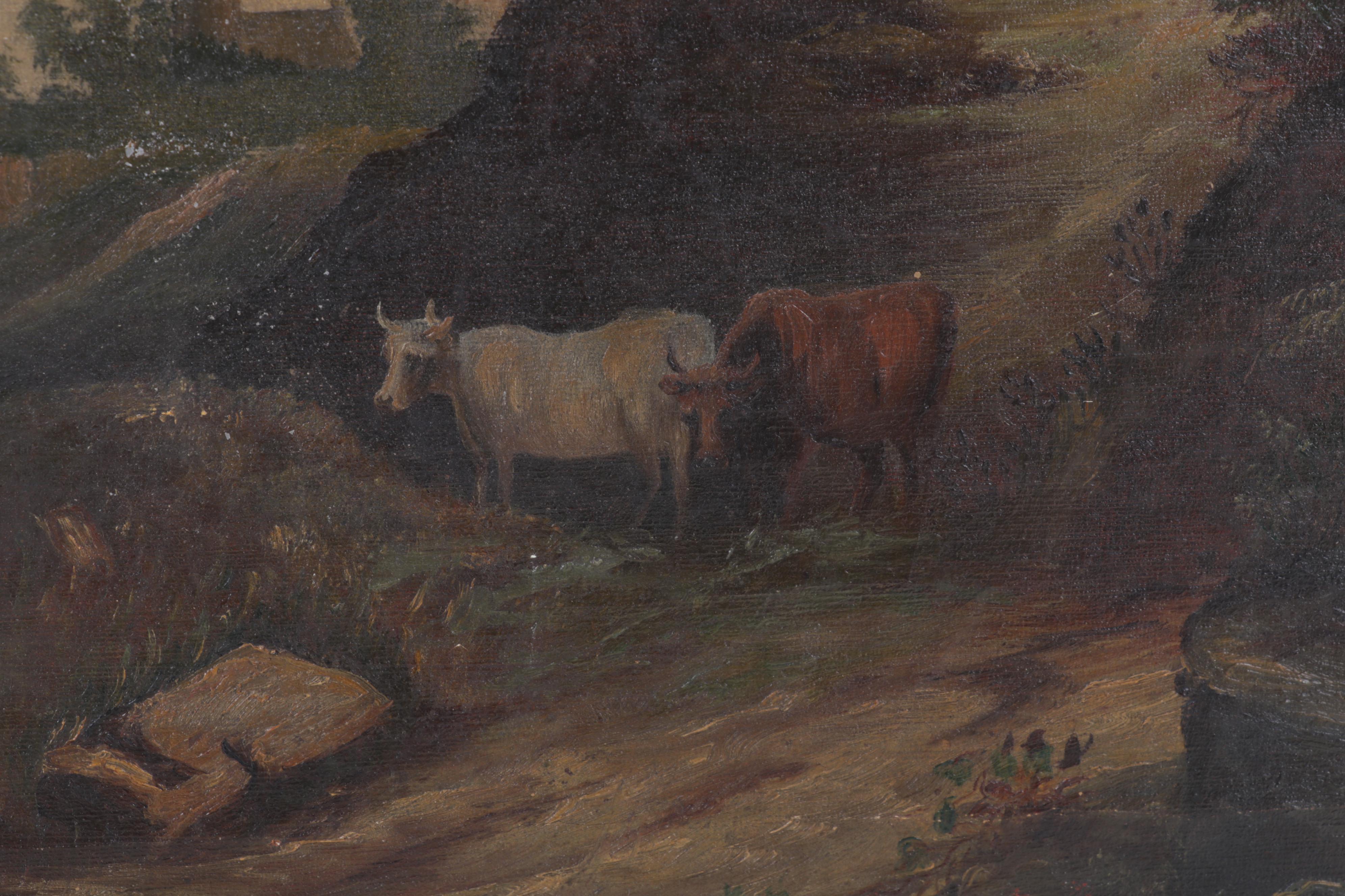 Tonalist Landscape Oil Painting of Cow Grazing by Rural Path, Late 19th Century