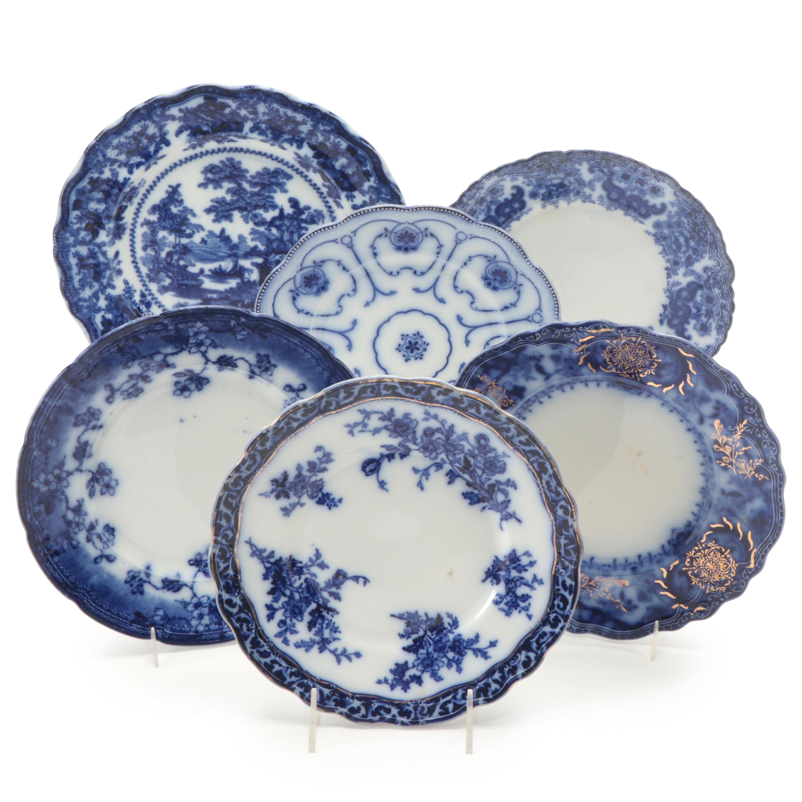 Adams and Other English Flow Blue Ironstone Plates, Late 19th/ Early 20th C.