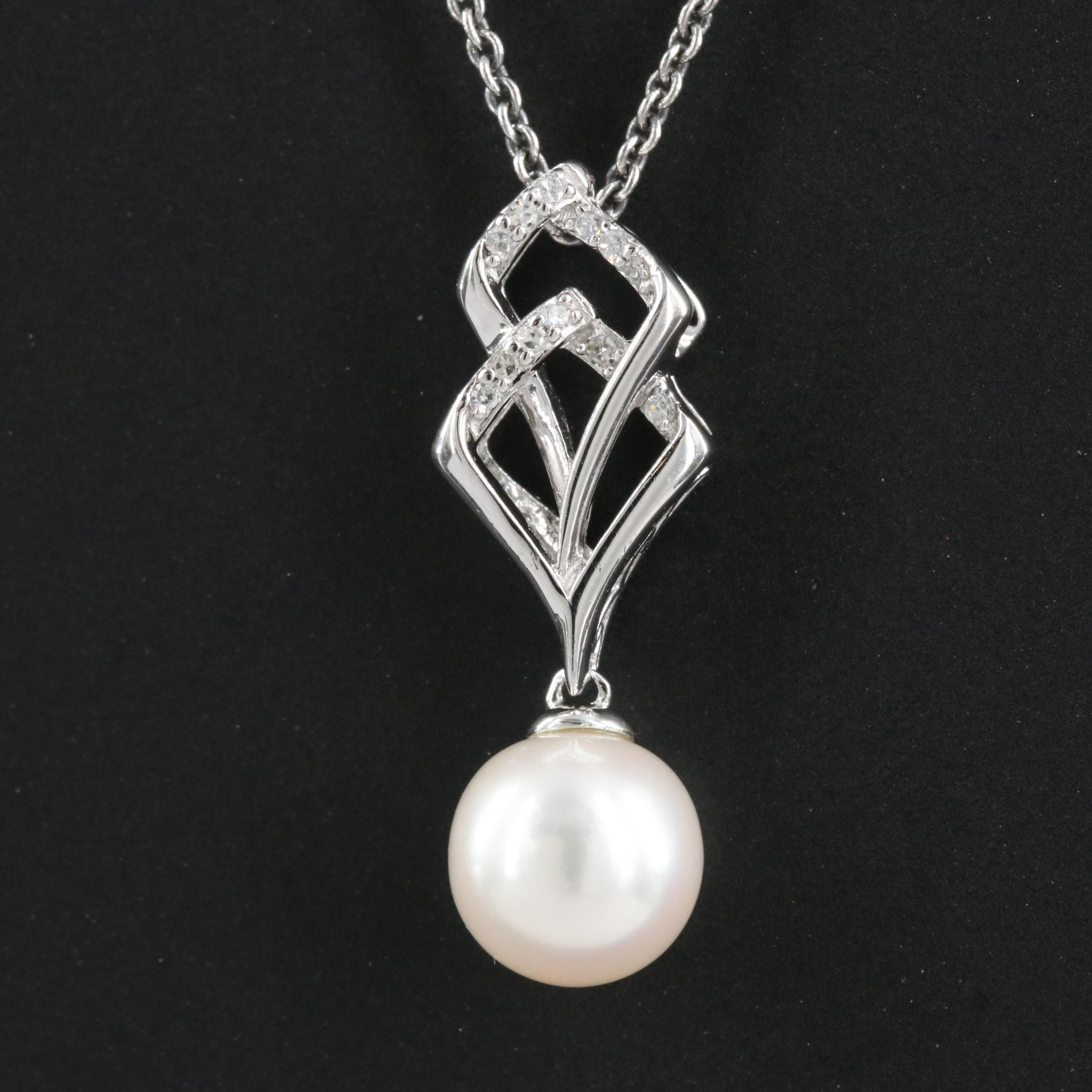 Sterling Pearl and Diamond Pendant Necklace
