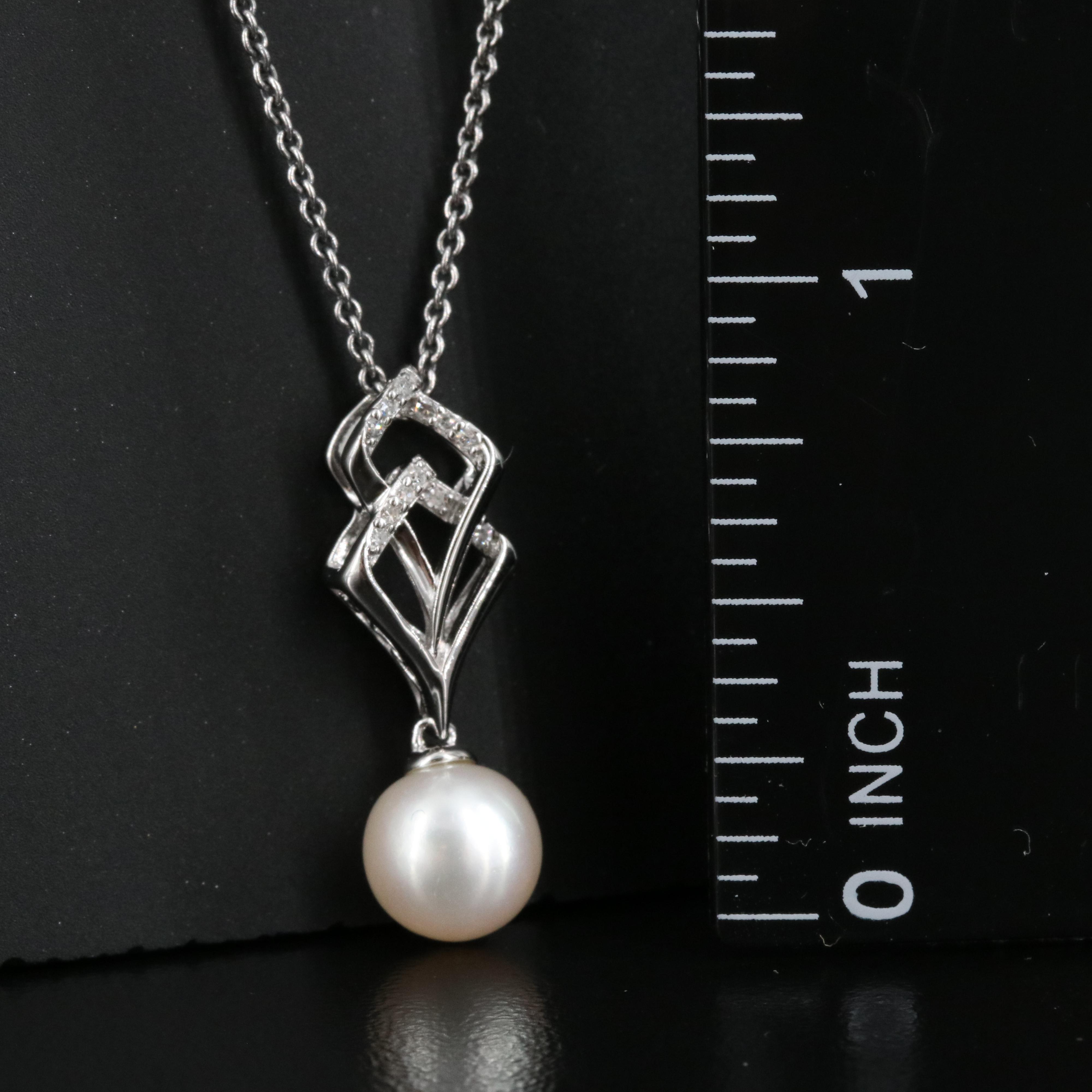 Sterling Pearl and Diamond Pendant Necklace