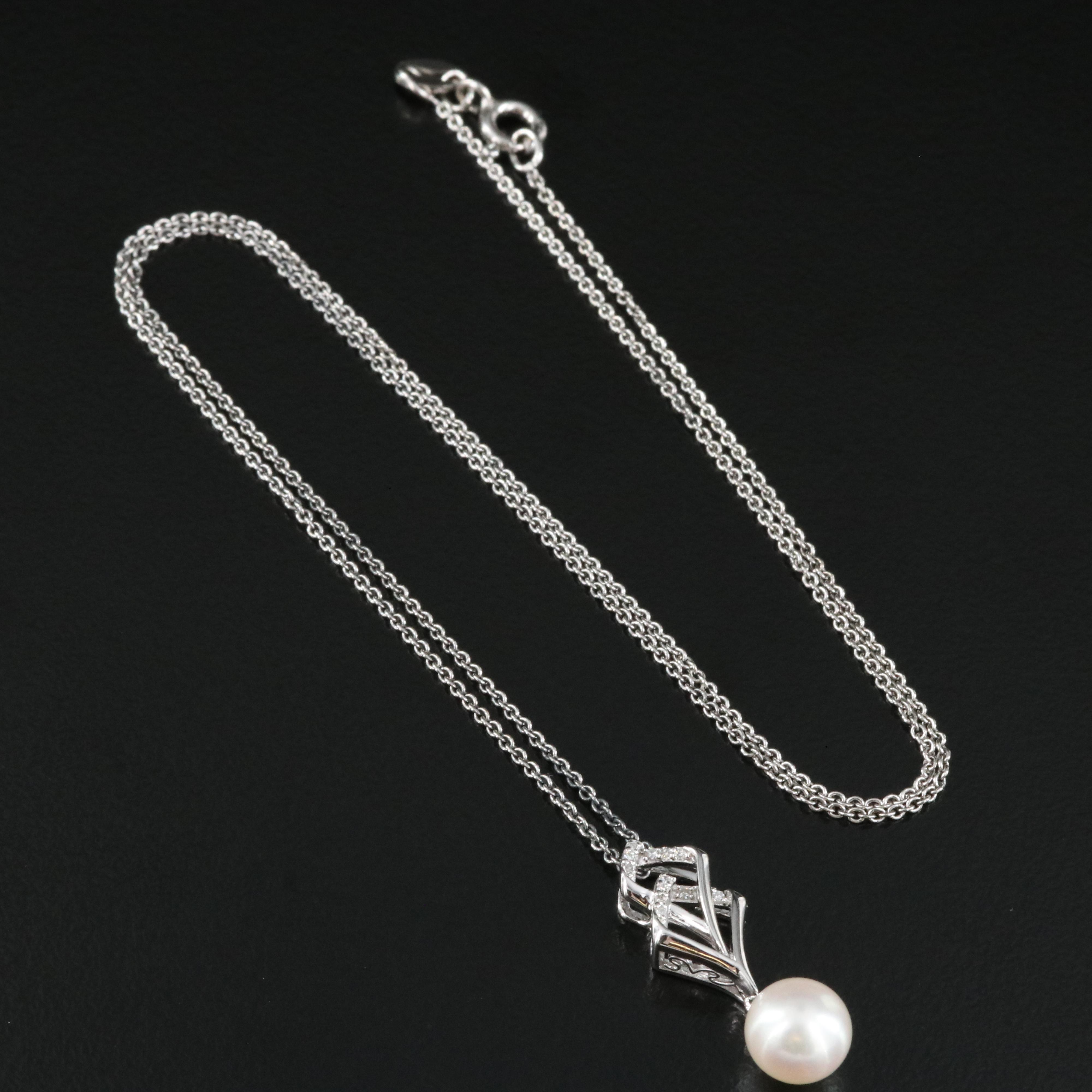 Sterling Pearl and Diamond Pendant Necklace