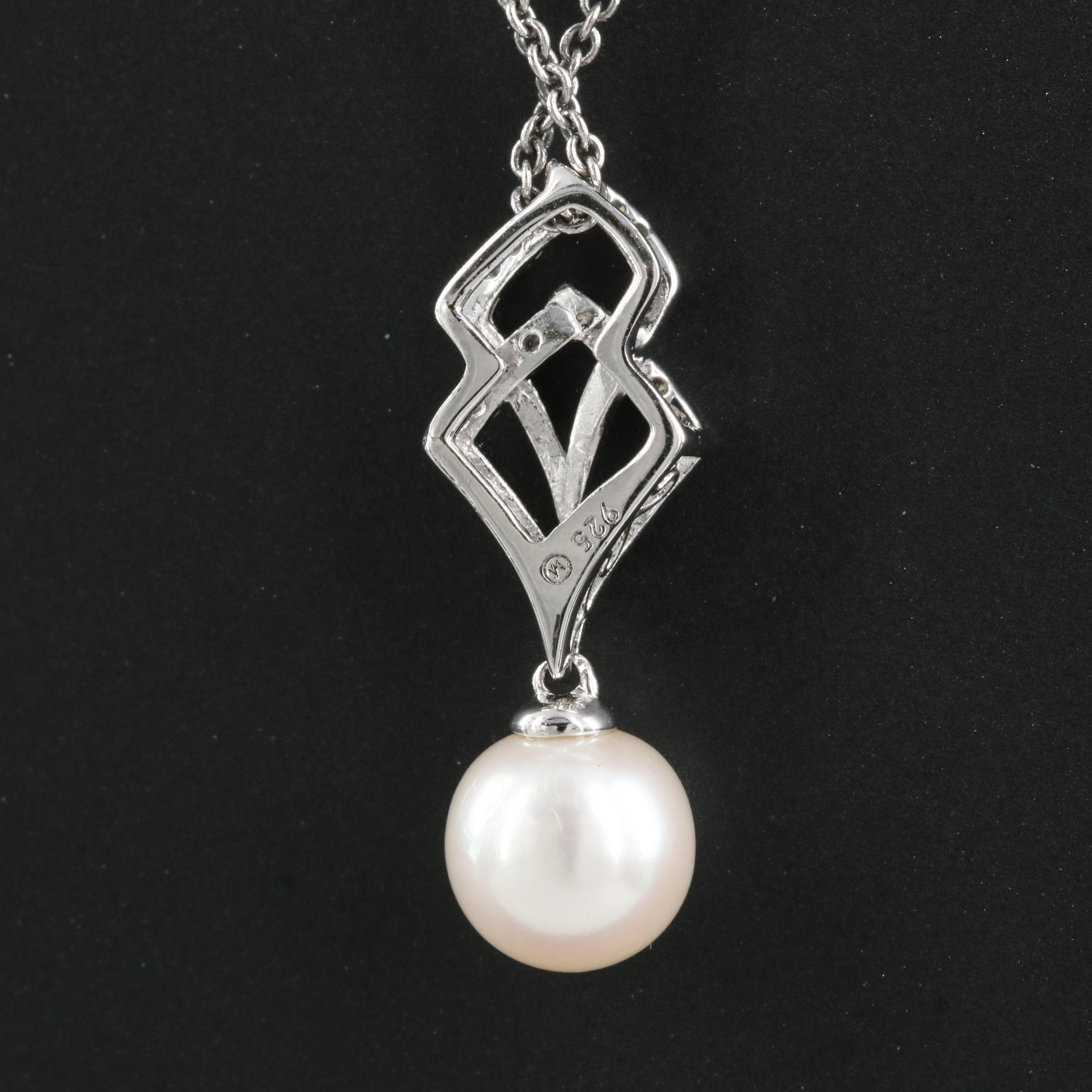 Sterling Pearl and Diamond Pendant Necklace