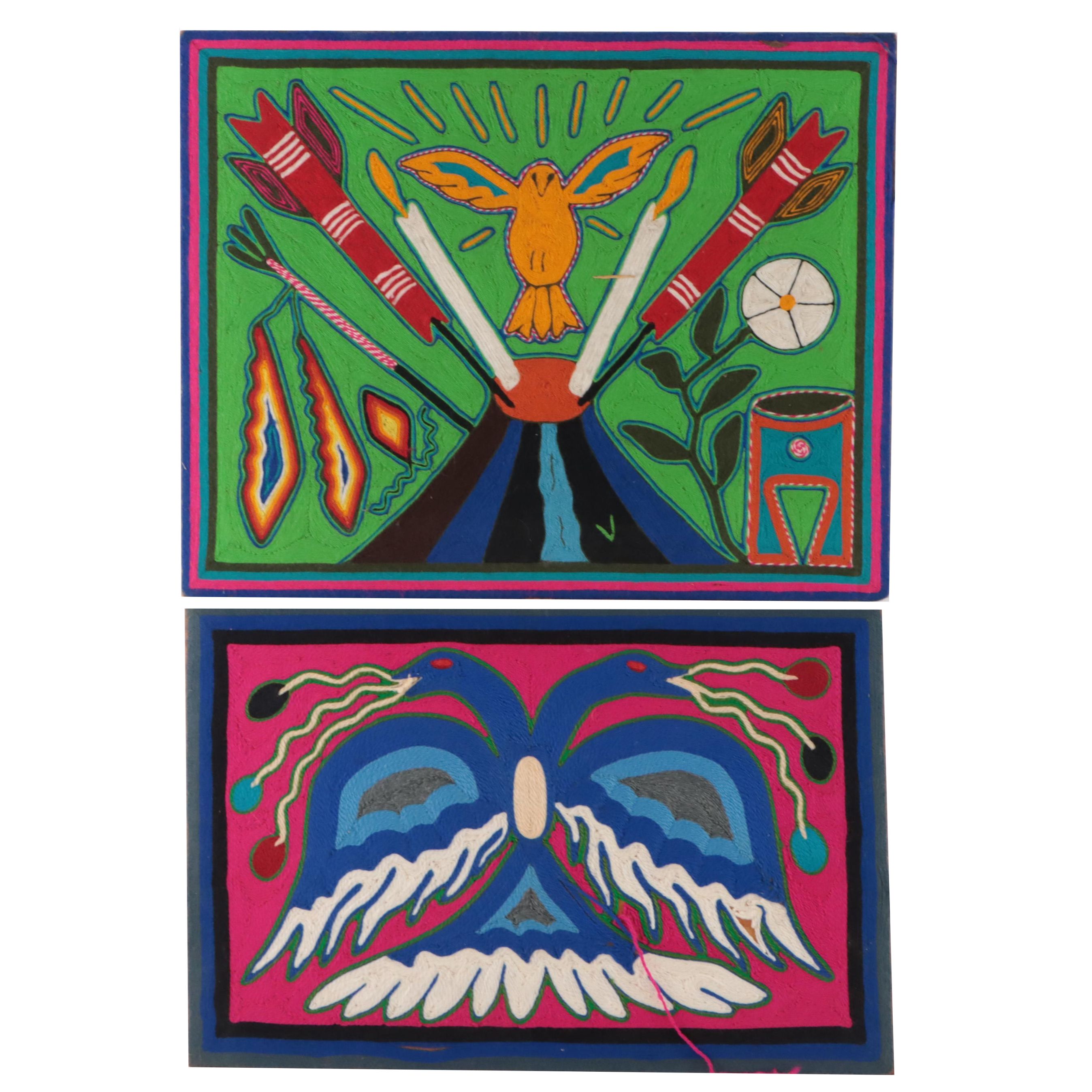 Huichol Yarn Painting Featuring Birds