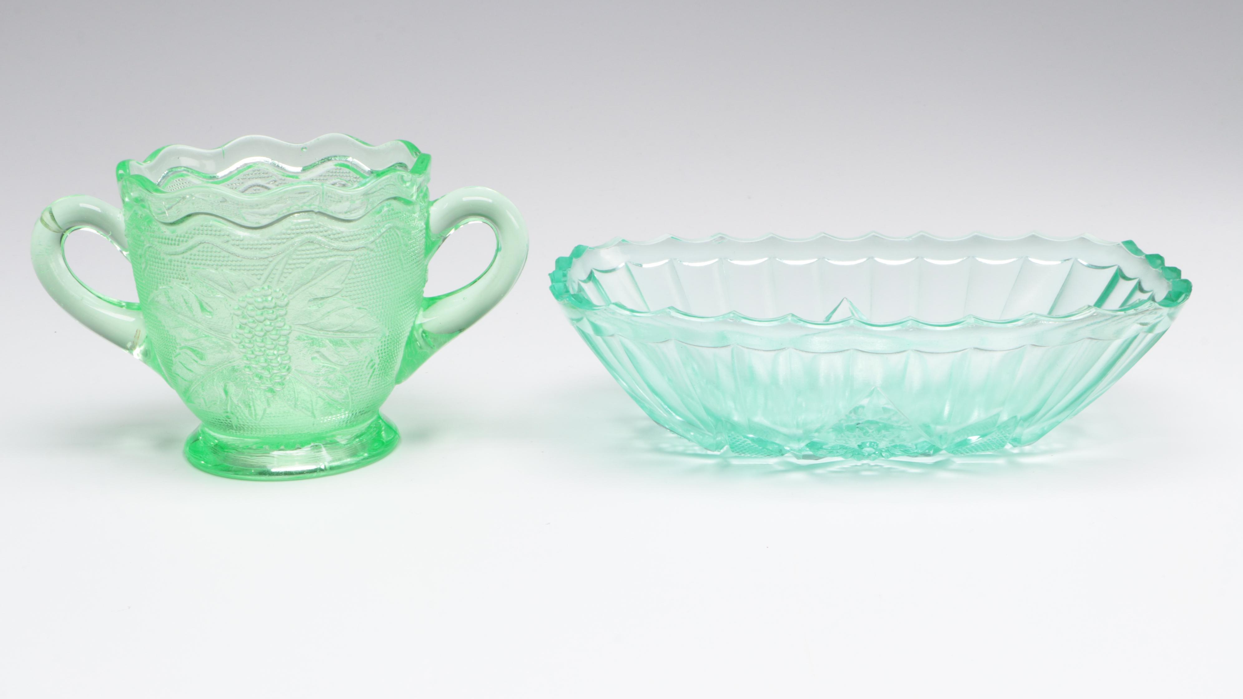 Westmoreland "Woolworth" Sugar Bowl and Other Green Glass Tableware, 20th C.