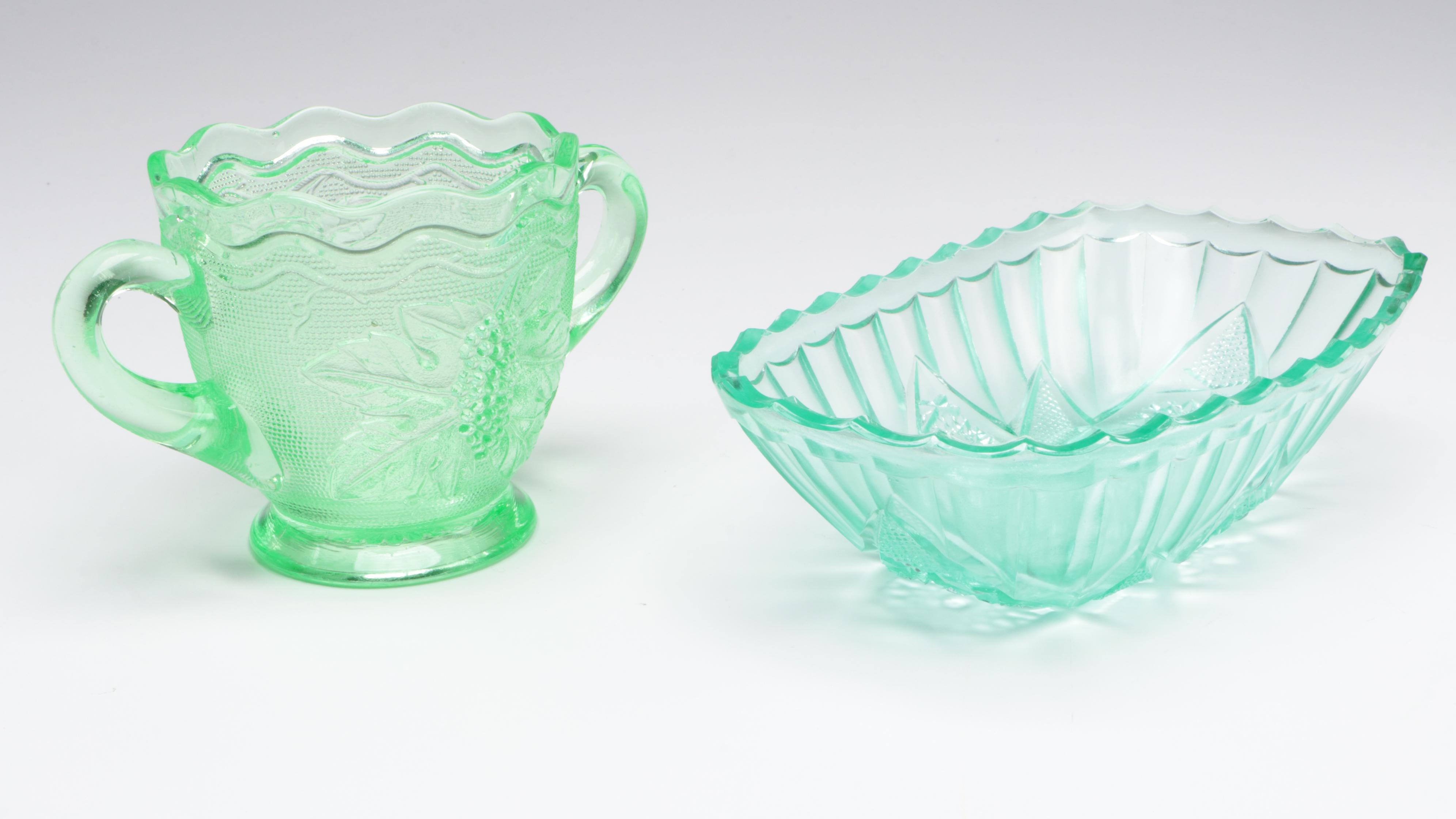 Westmoreland "Woolworth" Sugar Bowl and Other Green Glass Tableware, 20th C.
