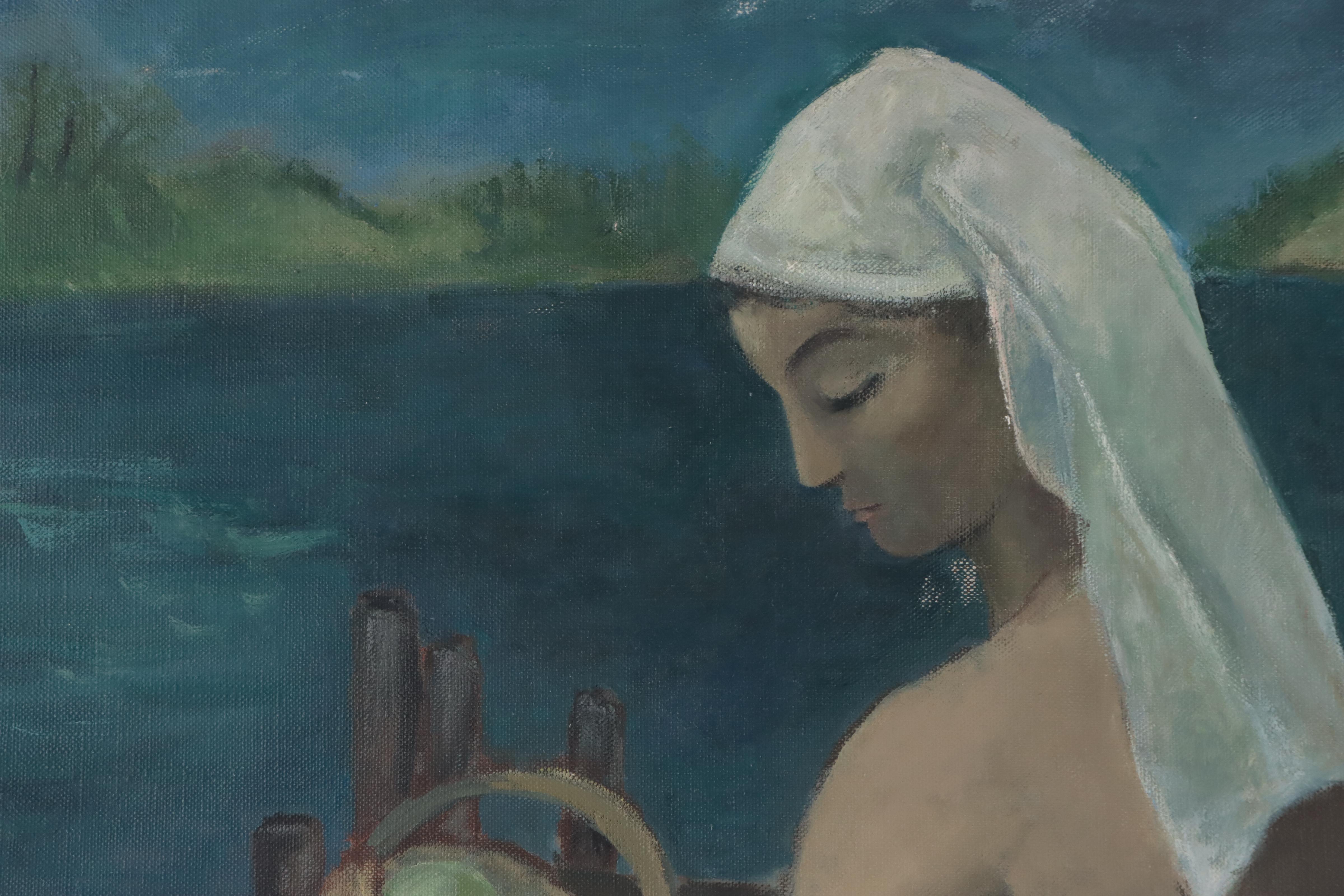 Modernist Oil Painting of Nude Sitting by Lake