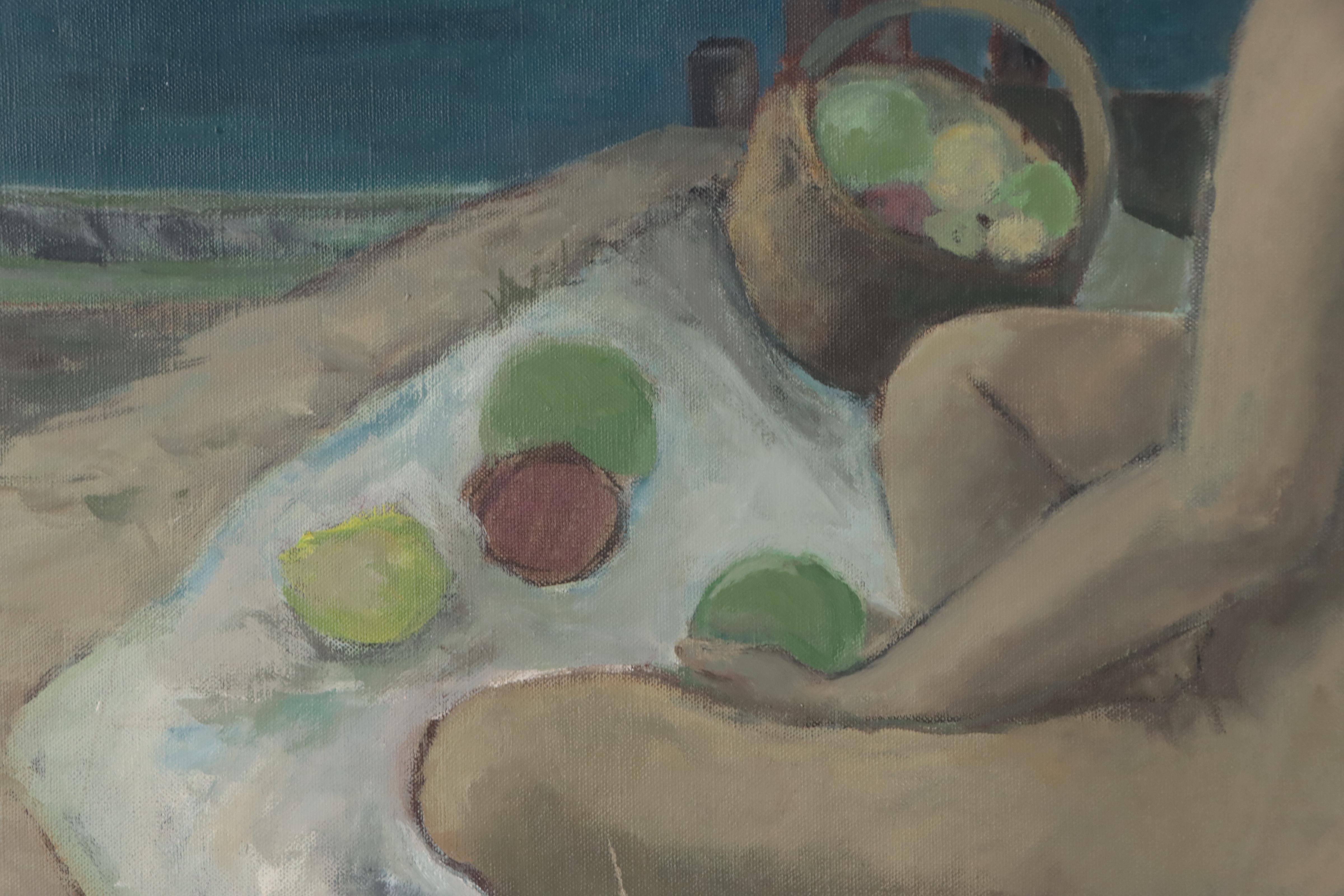 Modernist Oil Painting of Nude Sitting by Lake