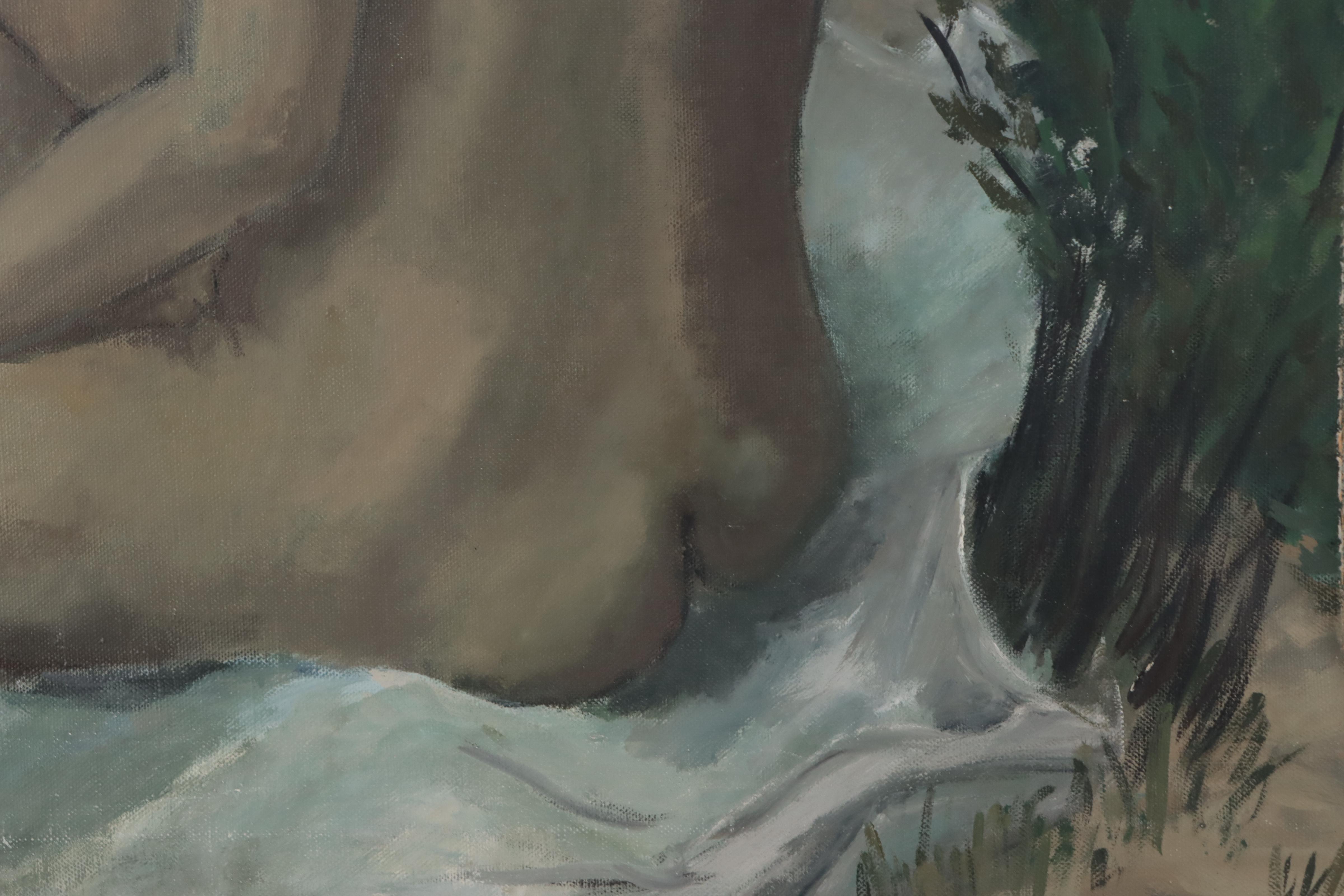 Modernist Oil Painting of Nude Sitting by Lake