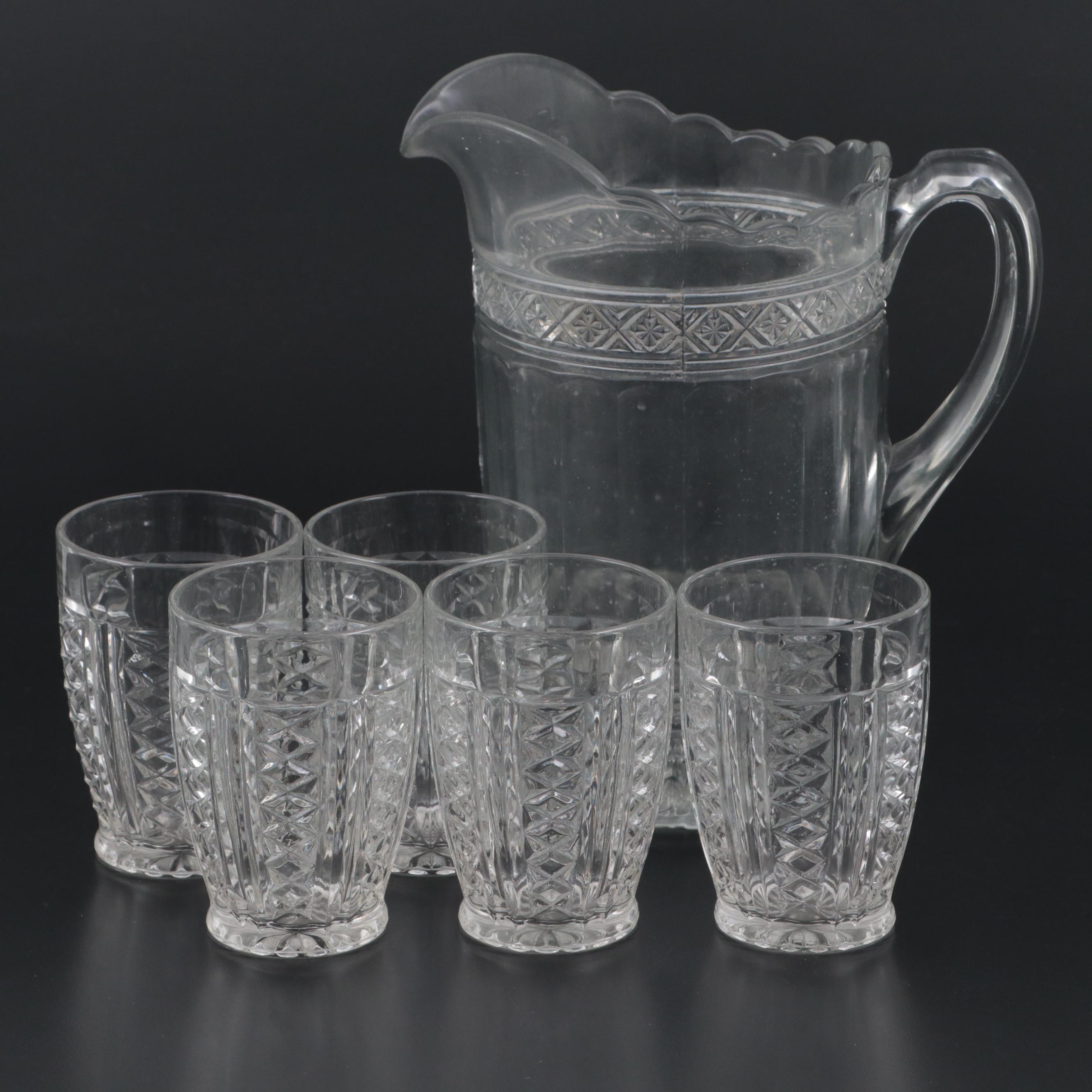 Pressed Glass Pitcher and Tumblers, 20th Century