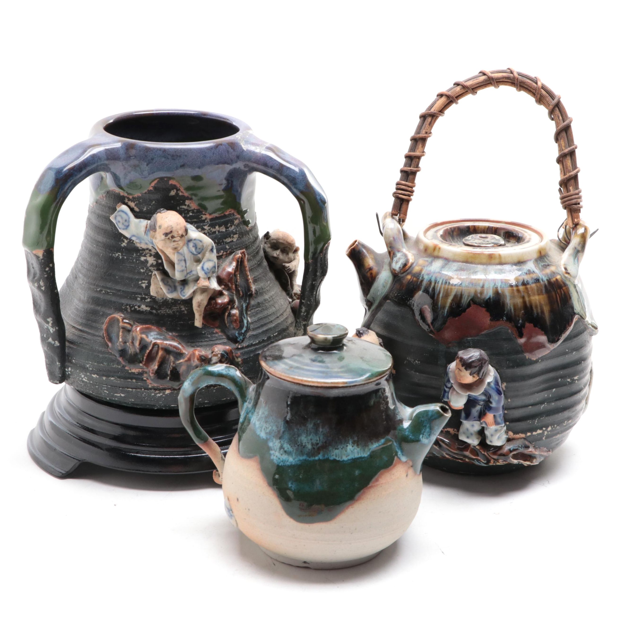 Japanese Sumida Gawa Pottery Teapots and Three-Handled Vase