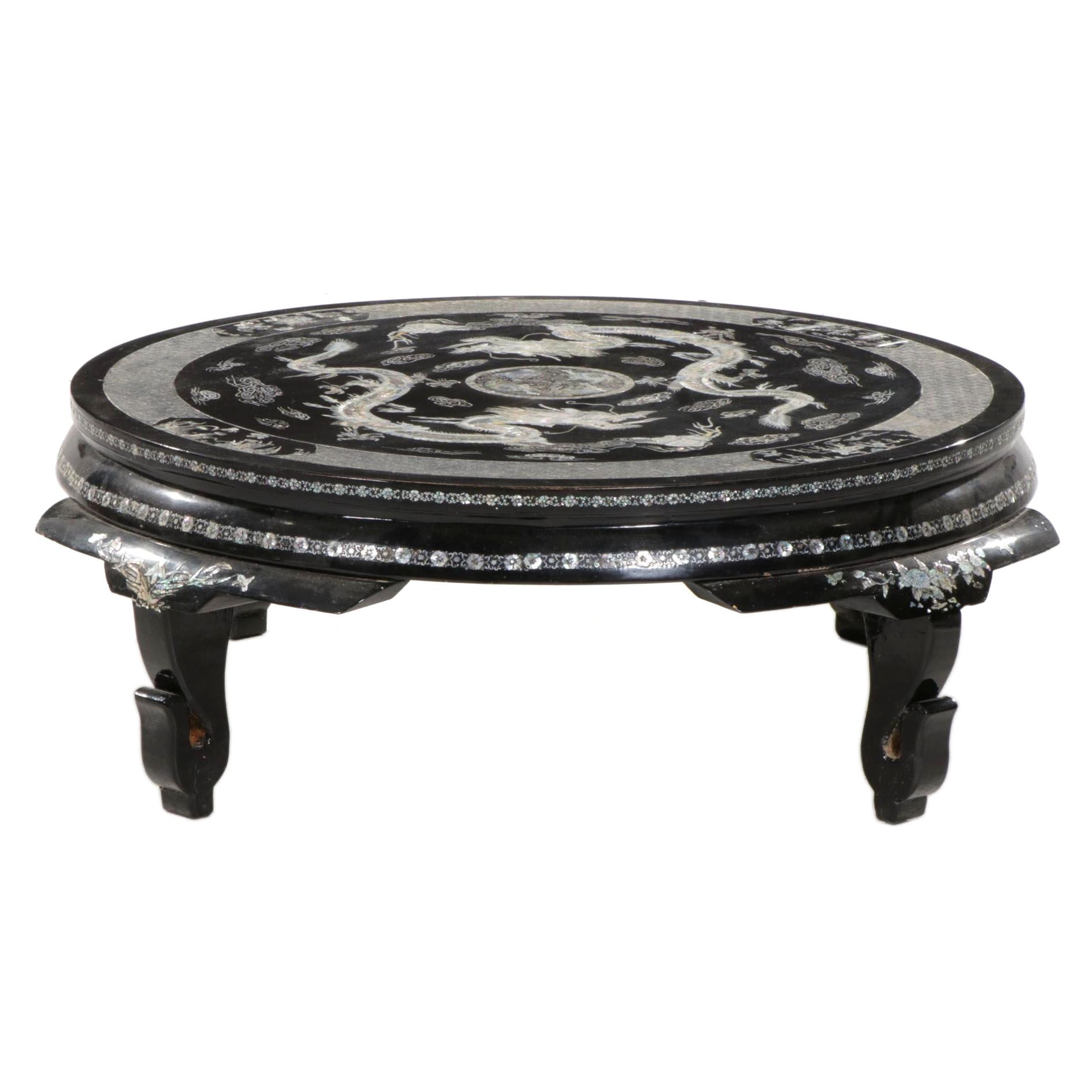 Chinese Black Lacquered Coffee Table with Mother of Pearl Inlay