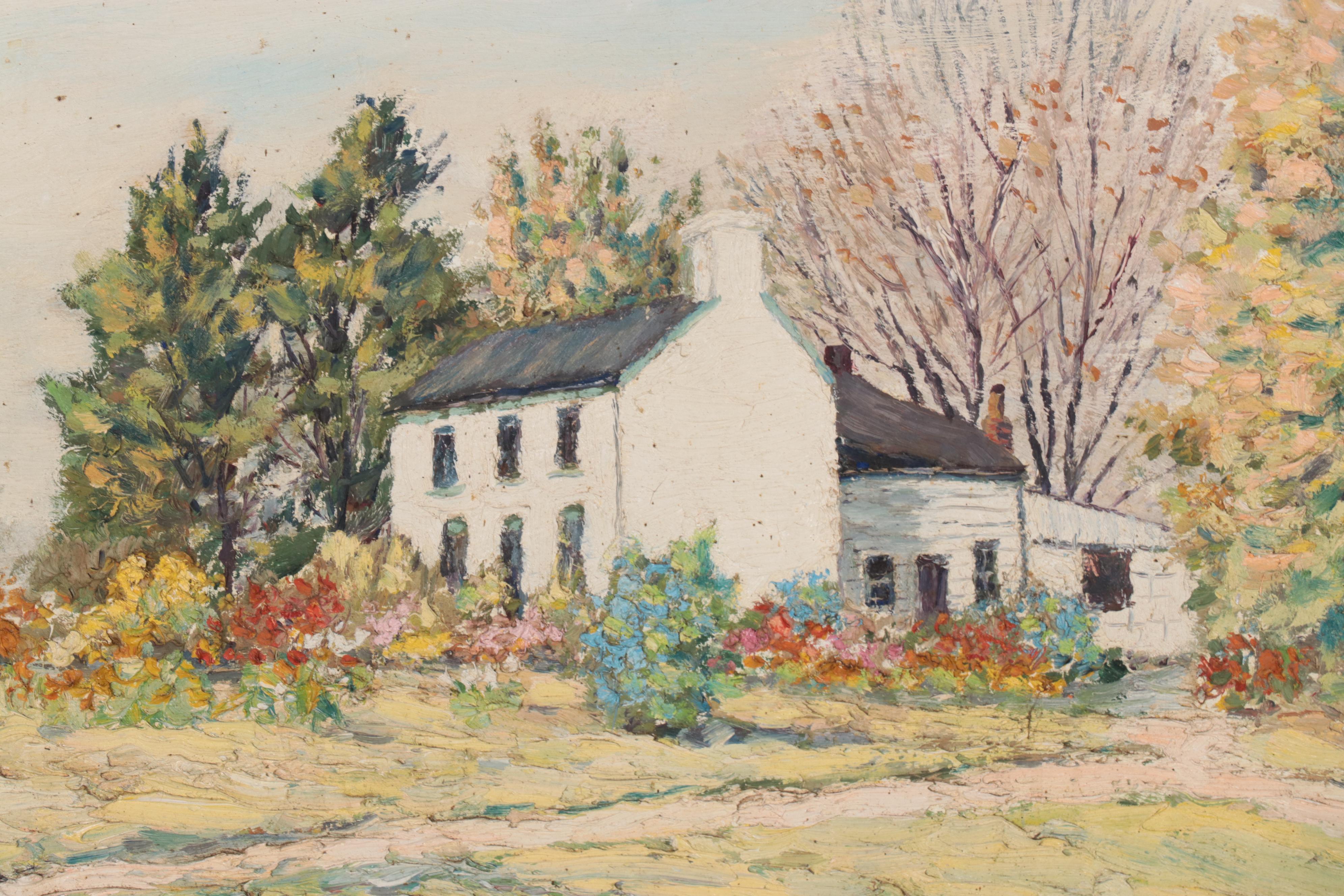 John G. Glancy Folk Art Oil Painting Landscape With House, 1949