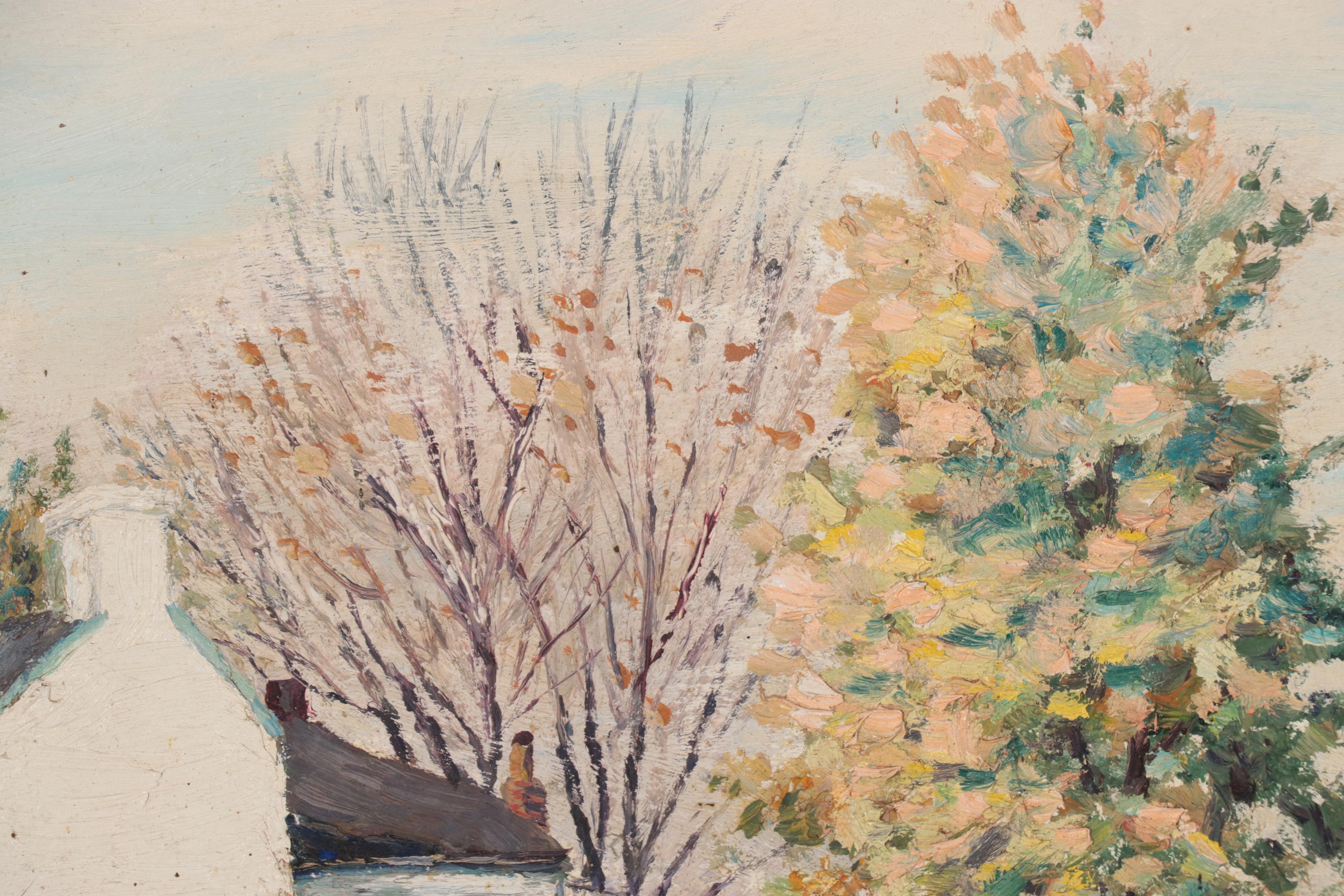 John G. Glancy Folk Art Oil Painting Landscape With House, 1949