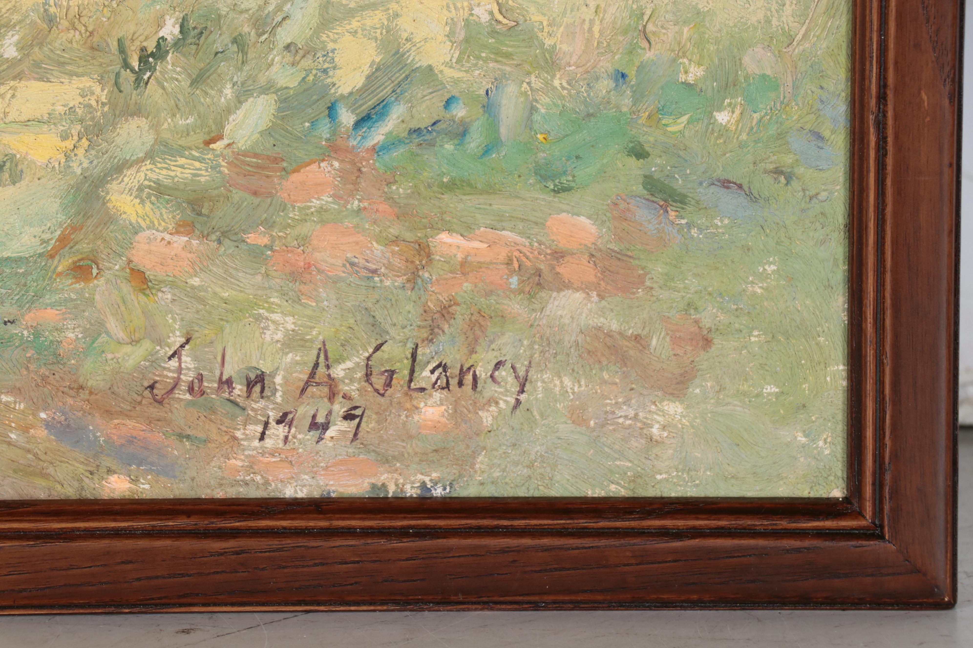 John G. Glancy Folk Art Oil Painting Landscape With House, 1949