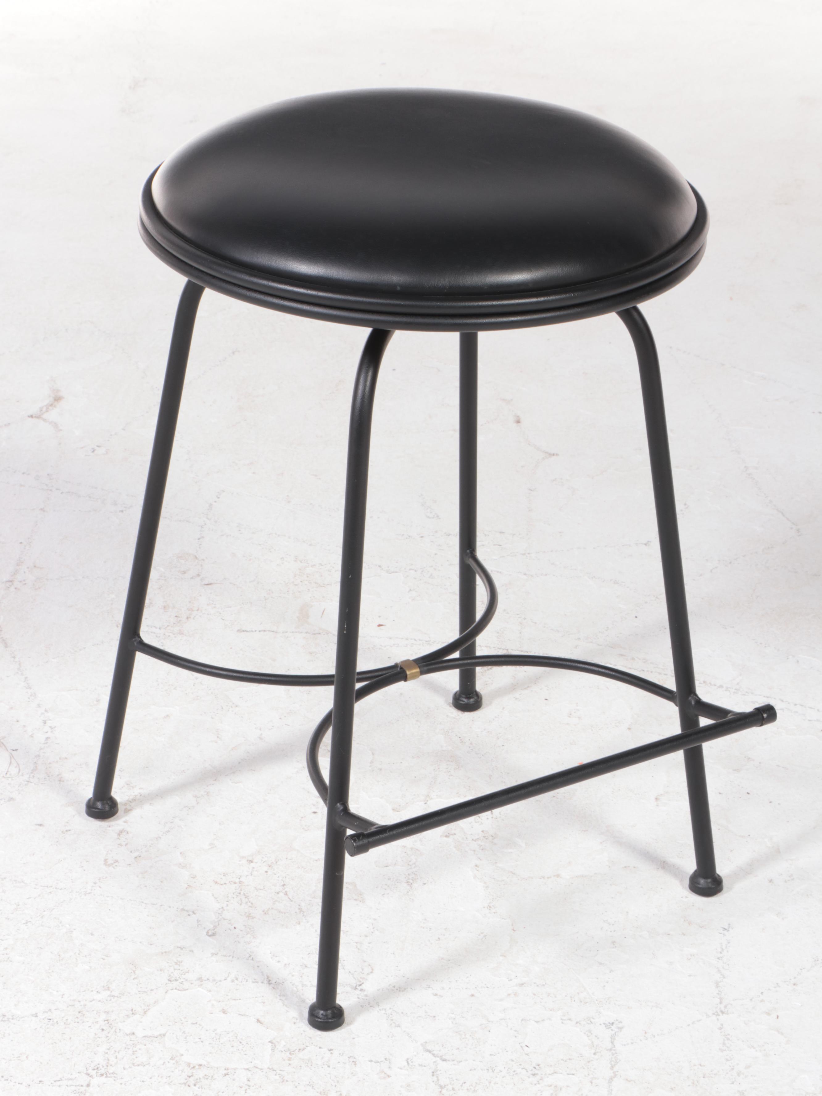 Four Charleston Forge Wrought Iron and Leather Counter-Height Swivel Stools